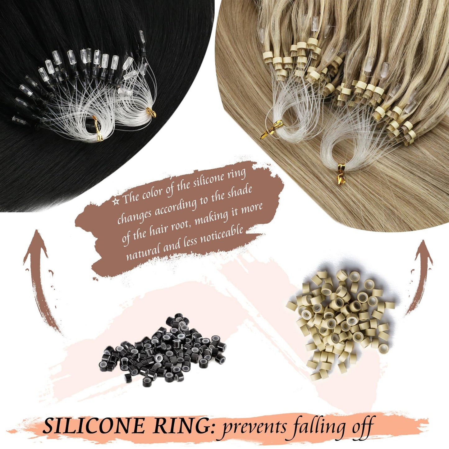Sunny Hair Micro Loop Hair Extensions Real Human Hair Soft Micro Ring Hair Extensions Human Hair Black Balayage Dark Brown Ombre Medium Ash Blonde Micro Hair Extensions Black for Women 50g 20inch