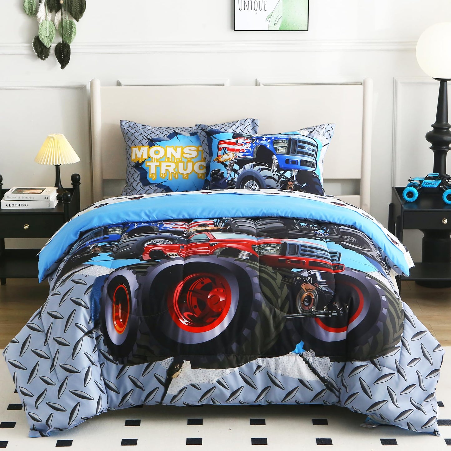 lasoftan Kids' Monster Truck Twin Comforter Set, 5-Piece Soft Fluffy Bed-in-a-Bag with Comforter, Fitted Sheet, Flat Sheet, Pillowcase, Pillow Sham, Deep Pocket 15", All-Season, Monster Jam, Twin