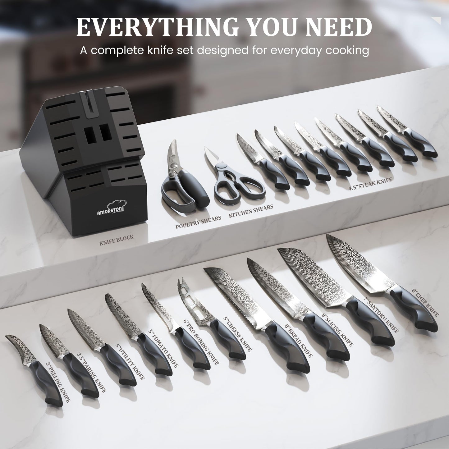 Amorston 22 Pieces Knife Set, Laser Engraved High Carbon Stainless Steel Knife Block Set, Full Tang Professional Kitchen Knife Set with Built-in Sharpener, Fathers Day Gift for Men
