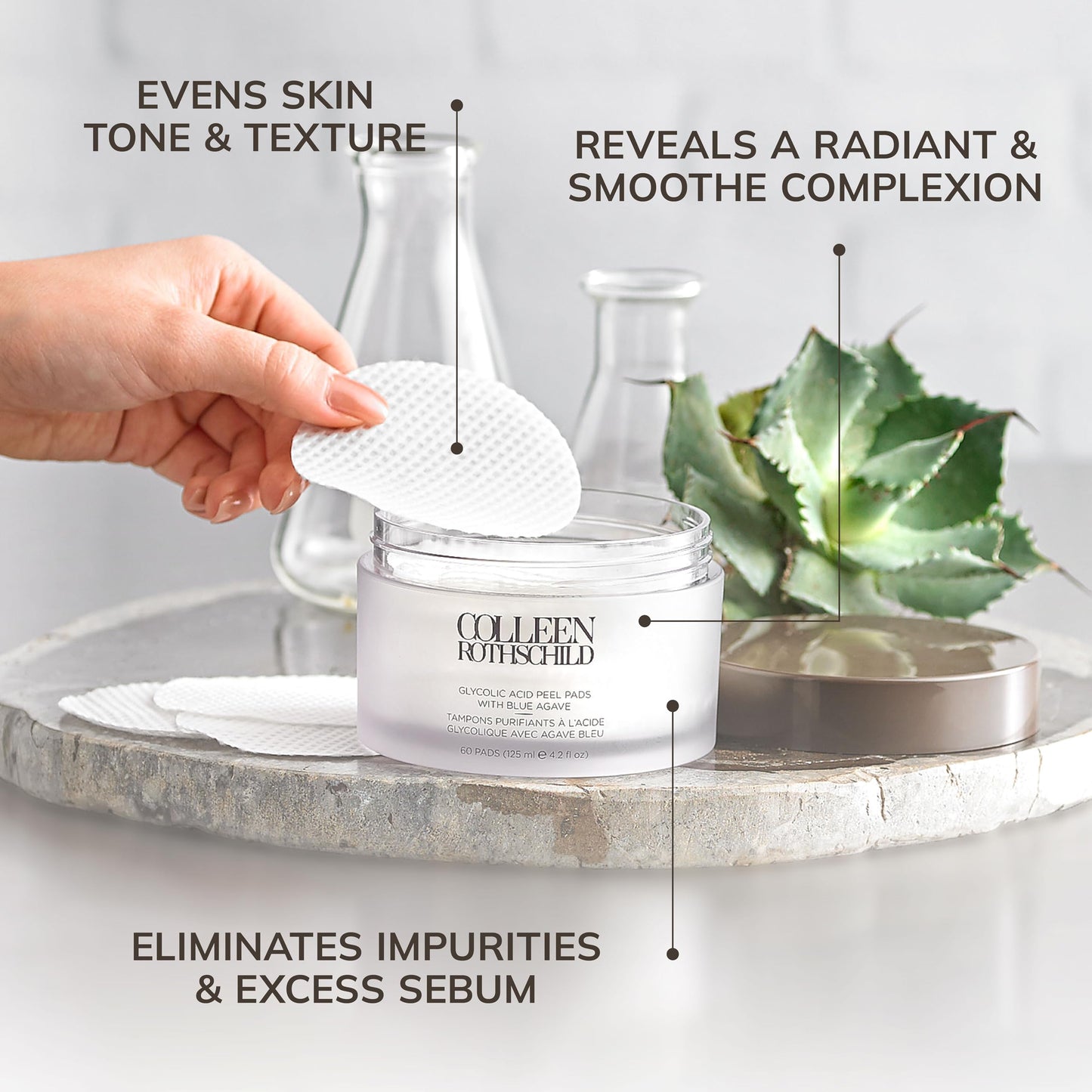 COLLEEN ROTHSCHILD Glycolic Acid Peel Pads with Blue Agave | Gentle Spa-Strength Treatment | Resurface, Brighten, Smooth & Exfoliate Skin | 60 Pads (4.2 fl oz)