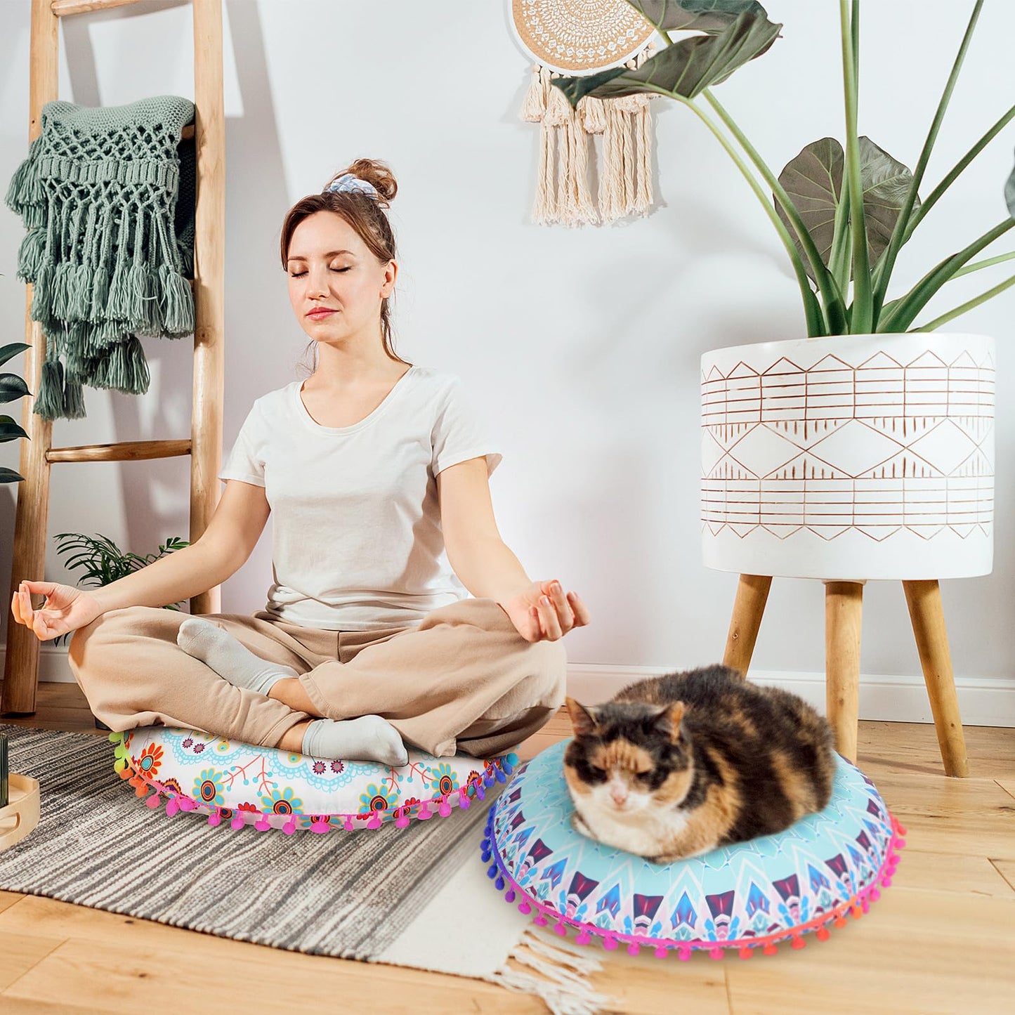 Ganeen 12 Pcs Boho Floor Cushions for Classroom Kids Seating Pillow Flexible Floor Cushions Meditation Pillows for Toddler Sitting at Home School Classroom Kindergarten Daycare Nursery (Round)