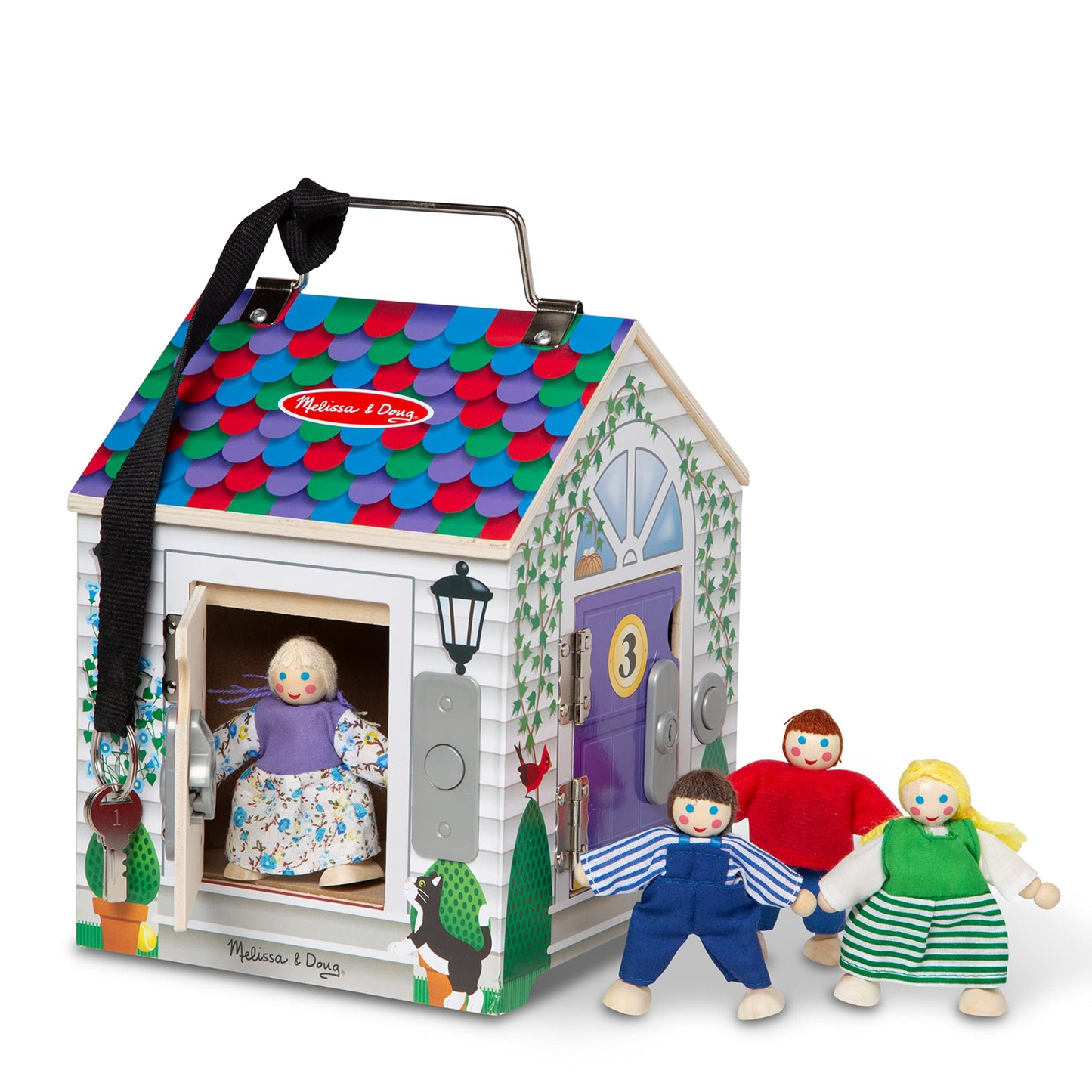 Melissa & Doug Take-Along Wooden Doorbell Dollhouse - Doorbell Sounds, Keys, 4 Poseable Wooden DollsPortable Doll House, for Kids Ages 3+