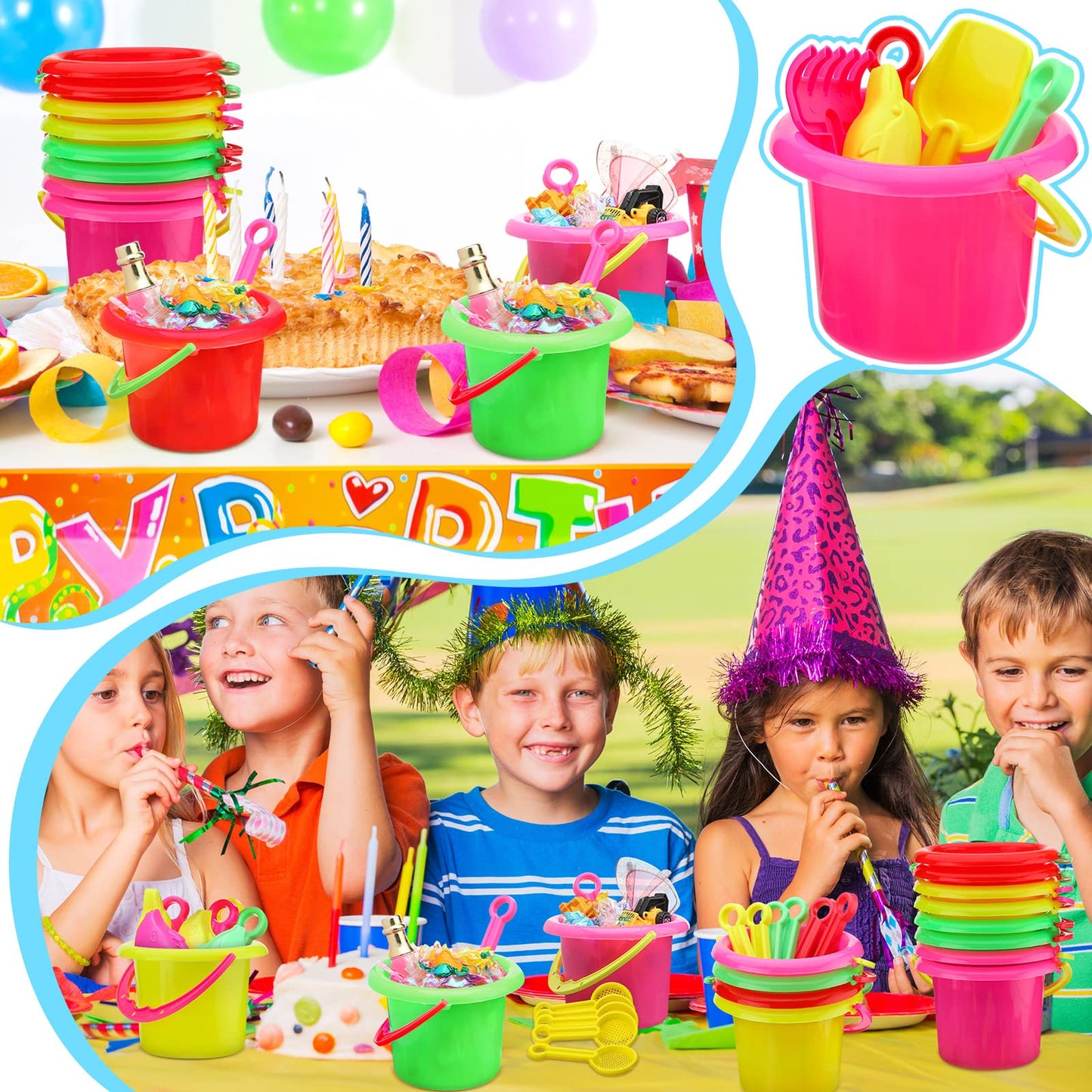 Jexine 96pcs Beach Party Favors for Kid 24 Set Sand Buckets and Shovels for Bucket Party Favor Sand Box Play Set and Mini Beach Pail Includes Shovel, Rake, Scoop Summer Outdoor Toys for Toddlers