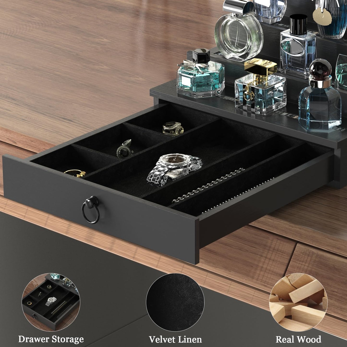 LED Lighted Cologne Organizer for Men, 4 Tier Wood Perfume Organizer with Velvet Lined Drawer, Multi Lighting Modes Perfume Display Holder with Remote Control, Cologne Shelf Stand, Nice Gift for Men