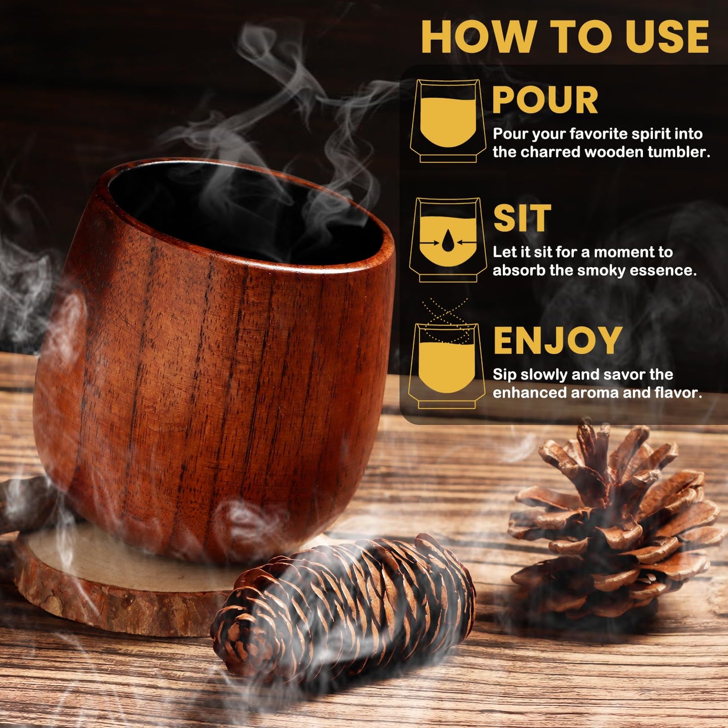 Charred Wooden Bourbon Drinking Glass, Whiskey Tumbler, Bourbon Gifts for Men - Wooden Old Fashioned Glass | Great Whiskey Gifts for Men