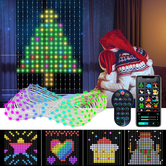 AKEPO Programmable Smart Colorful LED Window Curtain Lights, IP65 400 RGB LED APP Control DIY Text and Pattern Fairy Lights for Wedding/Halloween/Xmas Curtain Backdrop or Home Decor(9.8 * 9.8ft)
