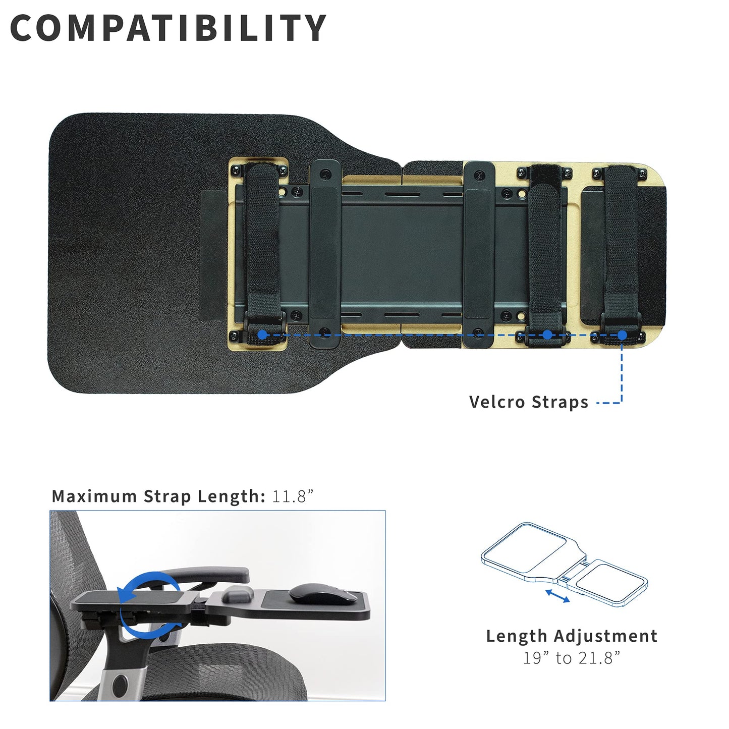 VIVO Wood Adjustable Length Arm Rest Mouse Pad with Wrist Cushion, Extension Platform Tray, Attaches to Chair with Straps, Black, MOUNT-MS02D