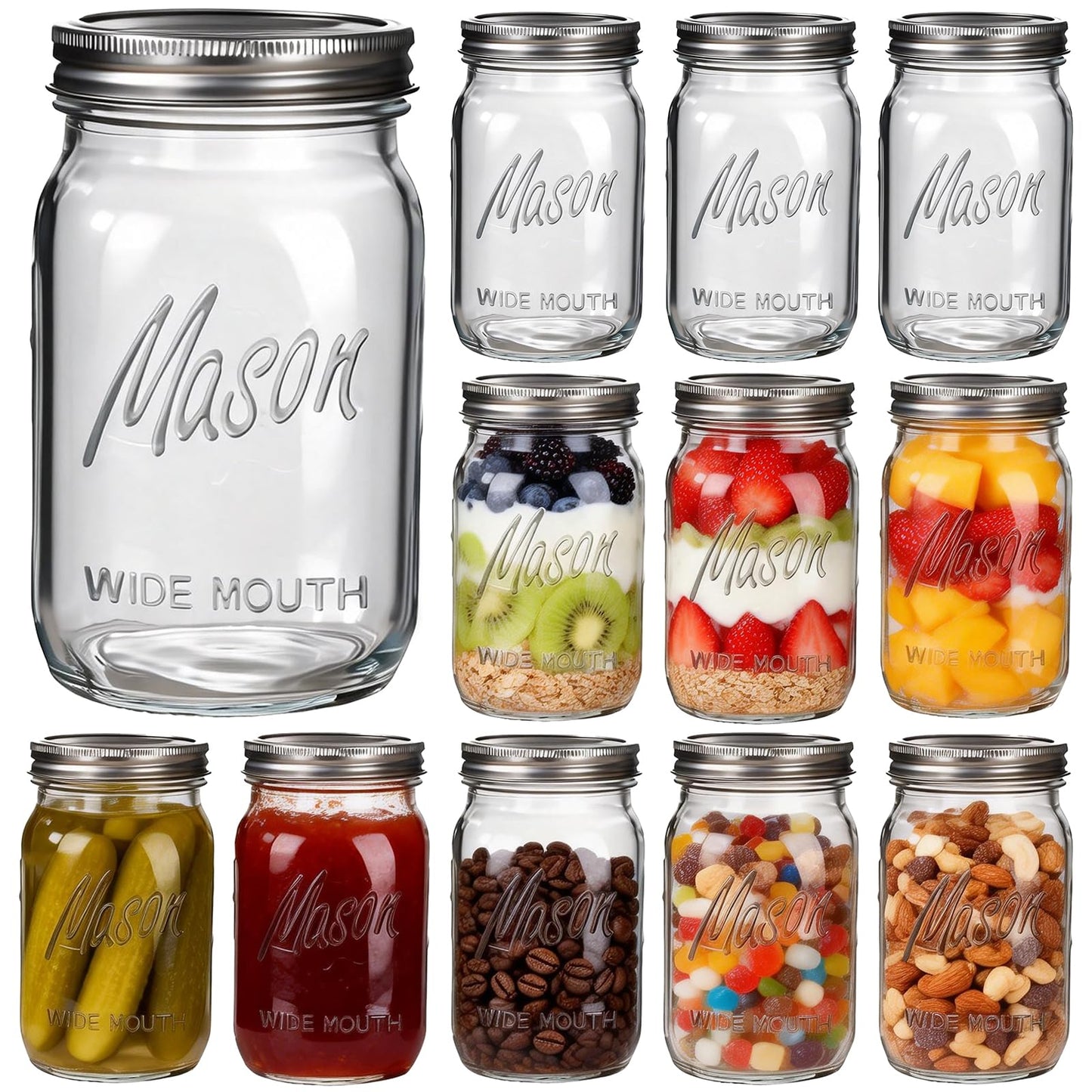Rubtlamp Clear Mason jar 32 oz, 12 Pack Glass Jars - Wide Mouth Mason Jars with Airtight Lids for Pickling, Fermenting, Food Storage&DIY Crafts, Microwave & Dishwasher Safe