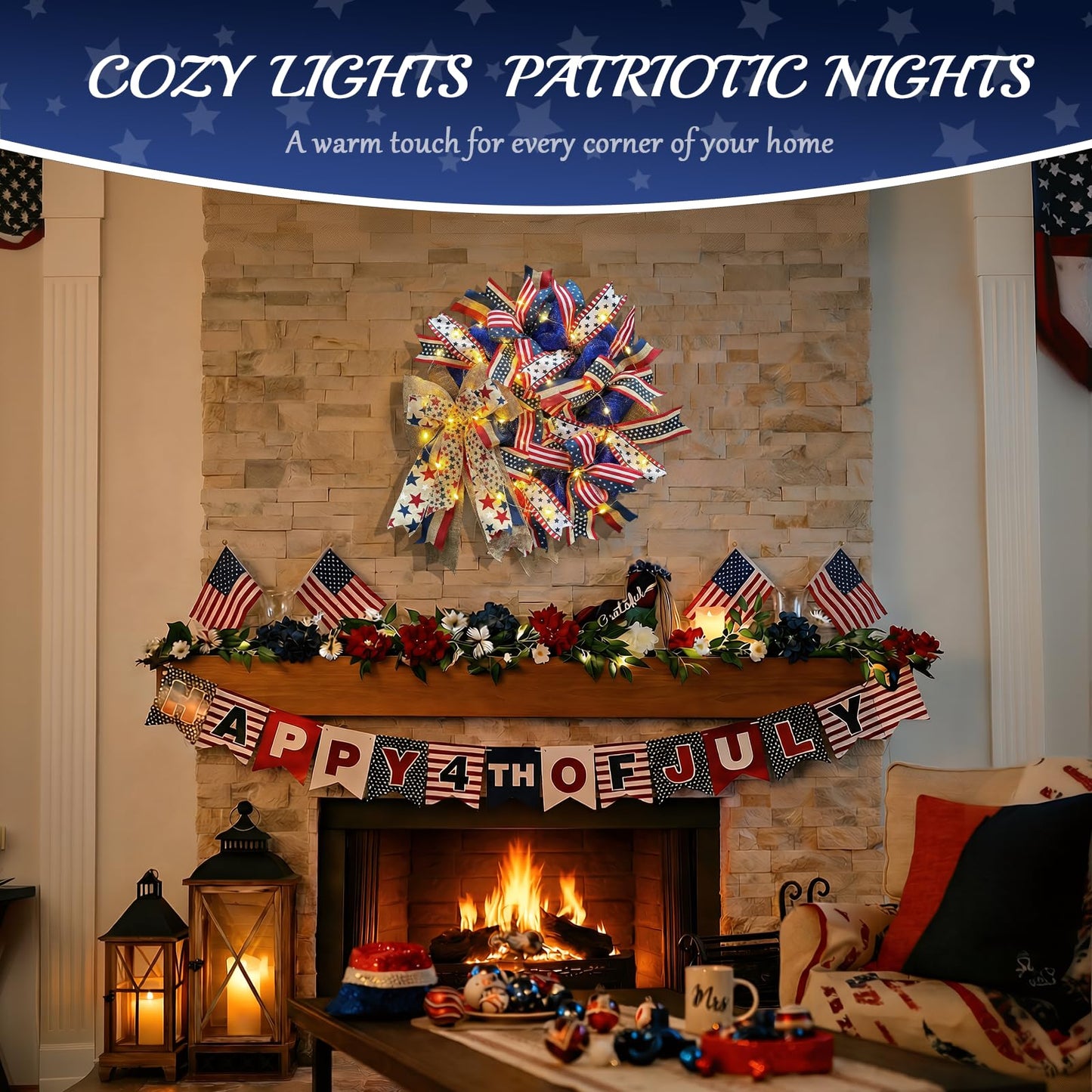 Presentastic 250th Anniversary Patriotic Wreaths for Front Door, 24 Inch Large 4th of July Decorations, Handcrafted Ribbon Burlap Bow, Red White and Blue Memorial Day Wreath with Lights & Storage Bag