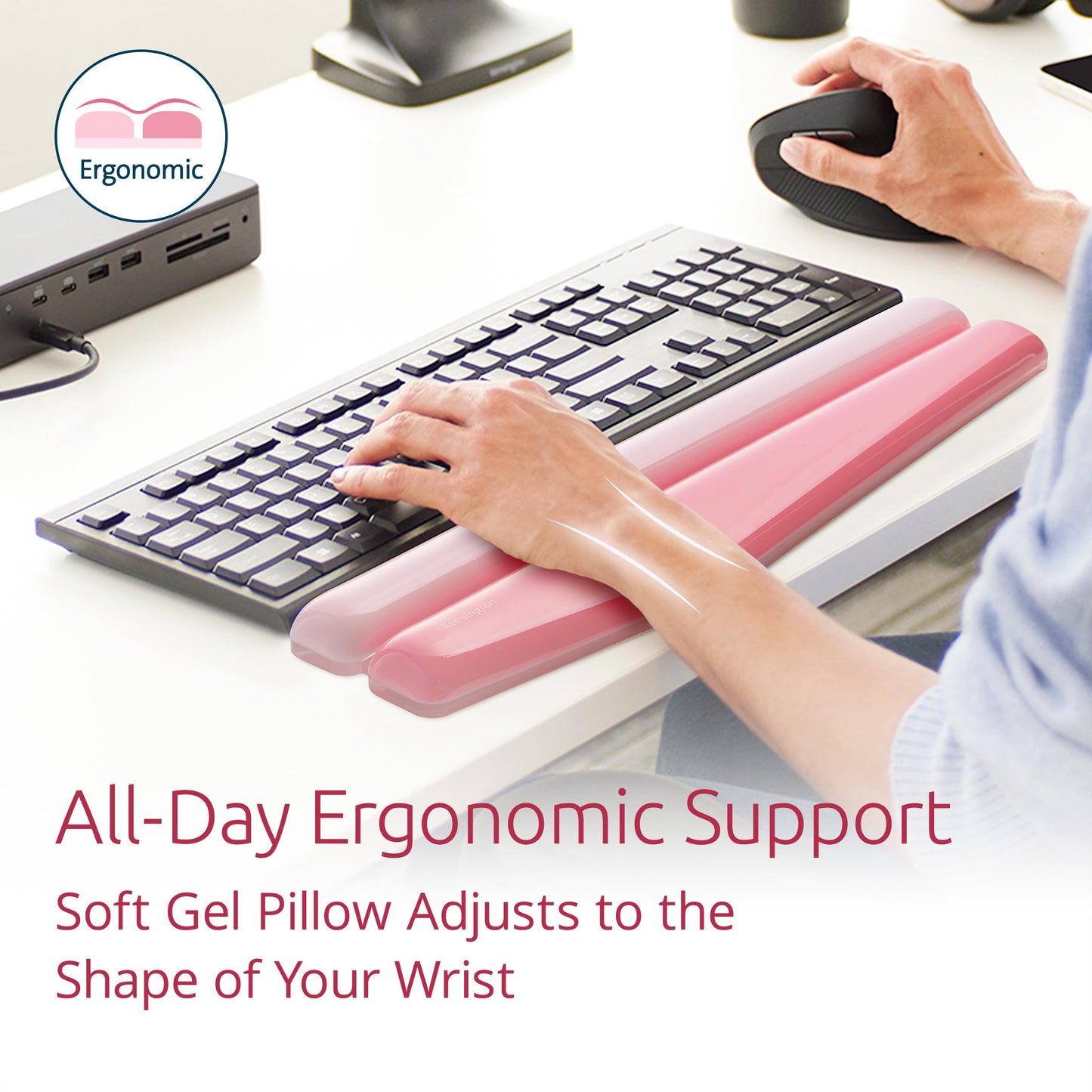 Kensington Duo Gel Mountain Wrist Rest for Keyboard, Wrist Pad for Full Size Keyboard, Ergonomic Wrist Pad for Computer, Non-Skid Computer Pad with Wrist Support, Pink K62677WW, 17.7" x 4.1"x 0.8”