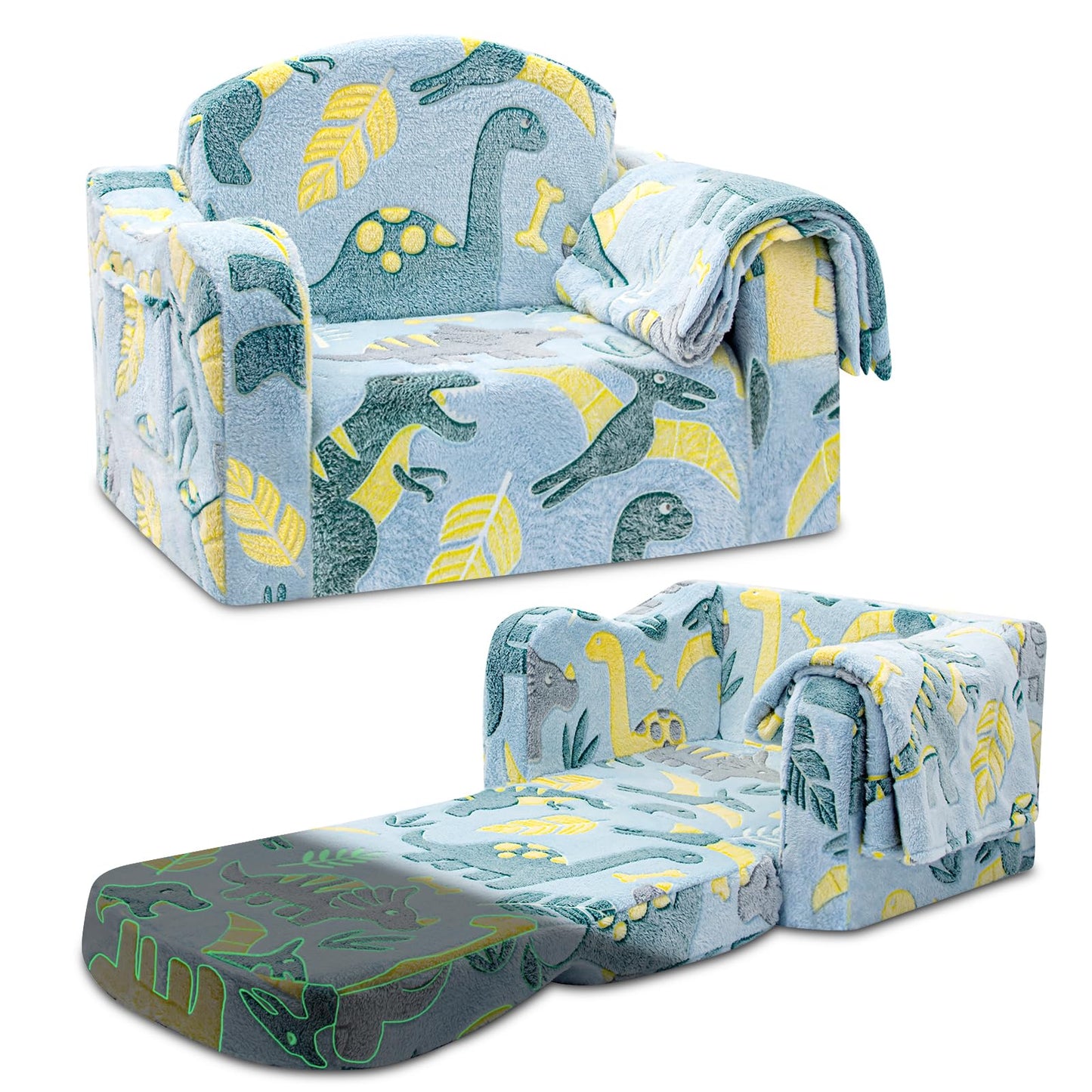 Airpanda Comfy Kids Chair and Couch with Blanket,2-in-1 Soft Fold Out Couch for Girls and Boys,Convertible Sofa Chair for Playroom, Green Dinosaur