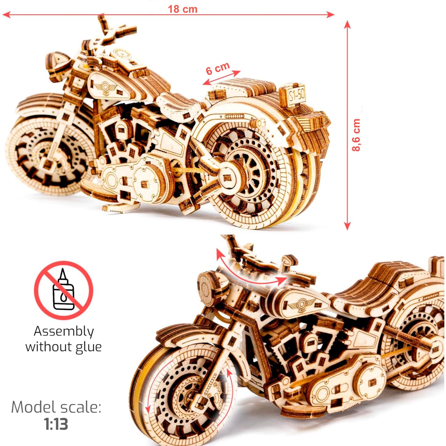 Wooden.City Motorbikes Cruiser V-Twin - 3D Wooden Model Kits for Adults to Build - Craft Model Building Kits for Adults, Men, Women & Teens 14+ - Wooden 3D Puzzles for Adults - 168 Pieces, 1:13 Scale
