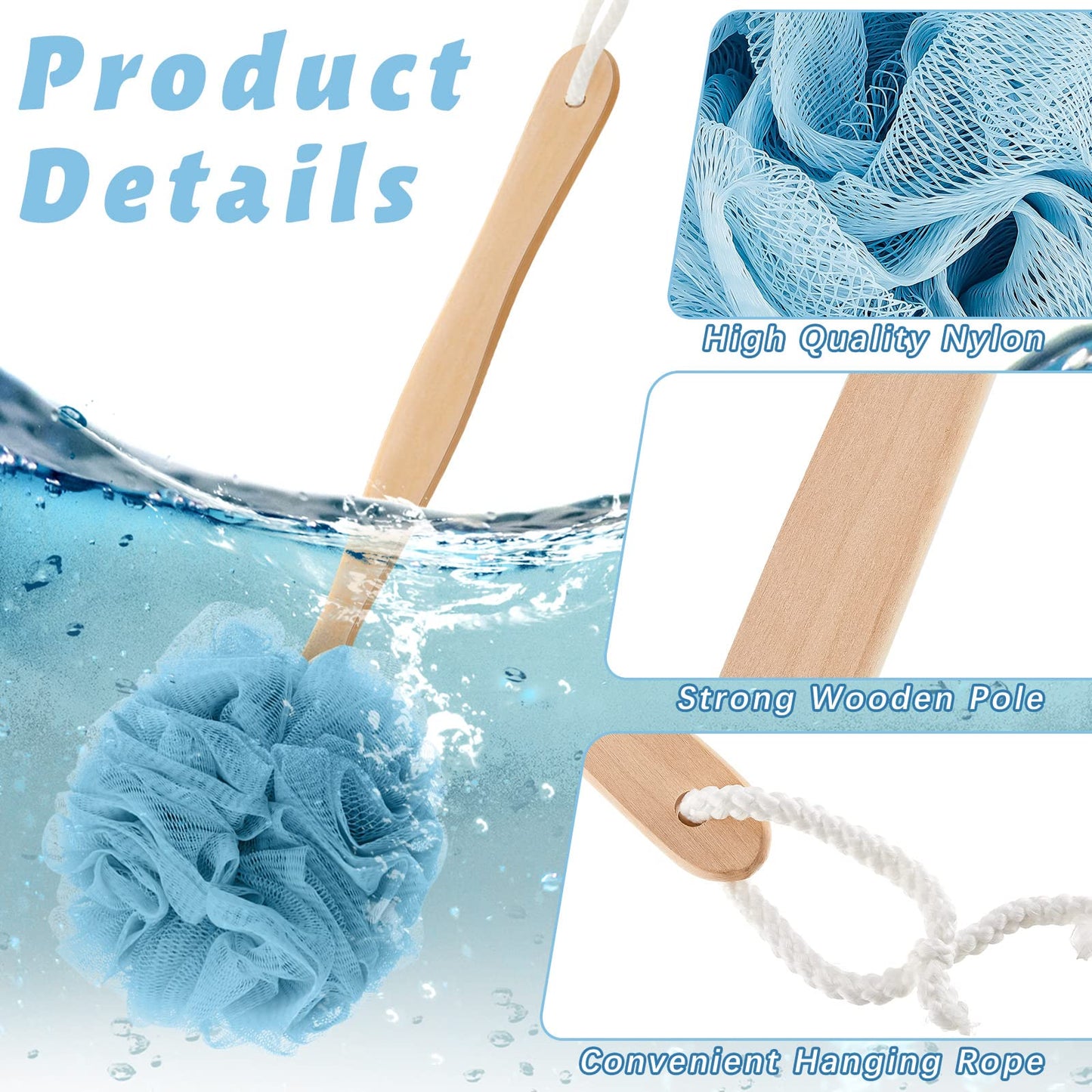 12 Pieces Large Loofah on a Stick Shower Loofah with Long Handle Back Scrubber for Shower PE Body Bath Sponge Soft Spa Mesh Brush Wash Exfoliating Luffas for Men Women, 4 Colors