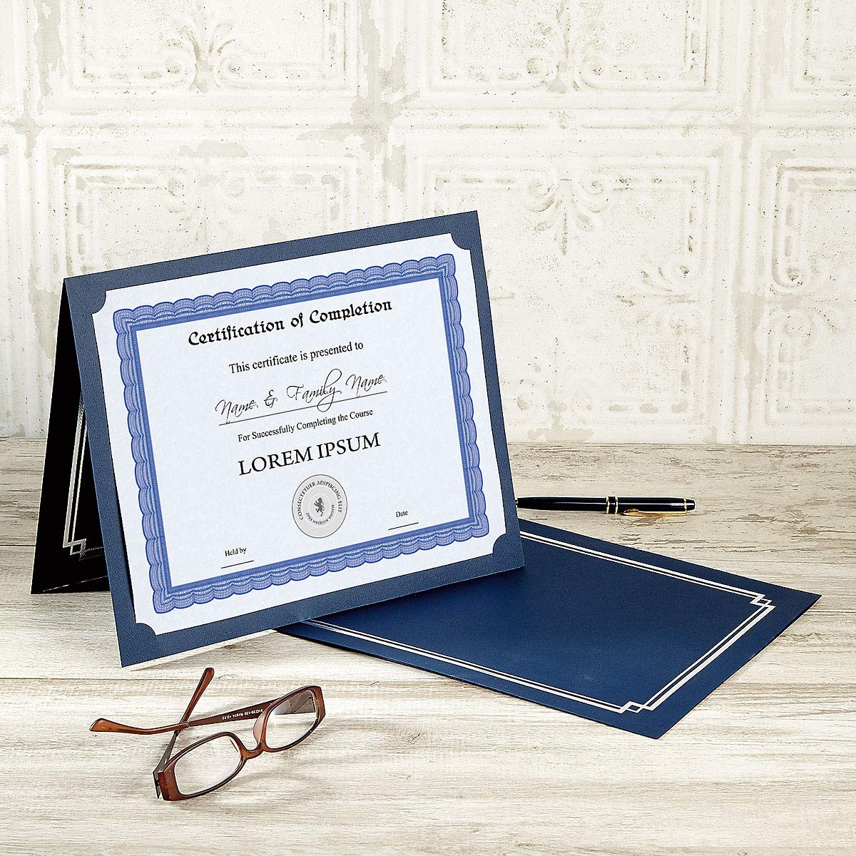 Classic Blue & Silver Certificate Folders - Pack of 25, Linen Cover 80 lb. Stock, Folded, Die-Cut Corners, for Office, Business Awards, Graduation, School Diploma Holder, 9-1/2 x 12 inches