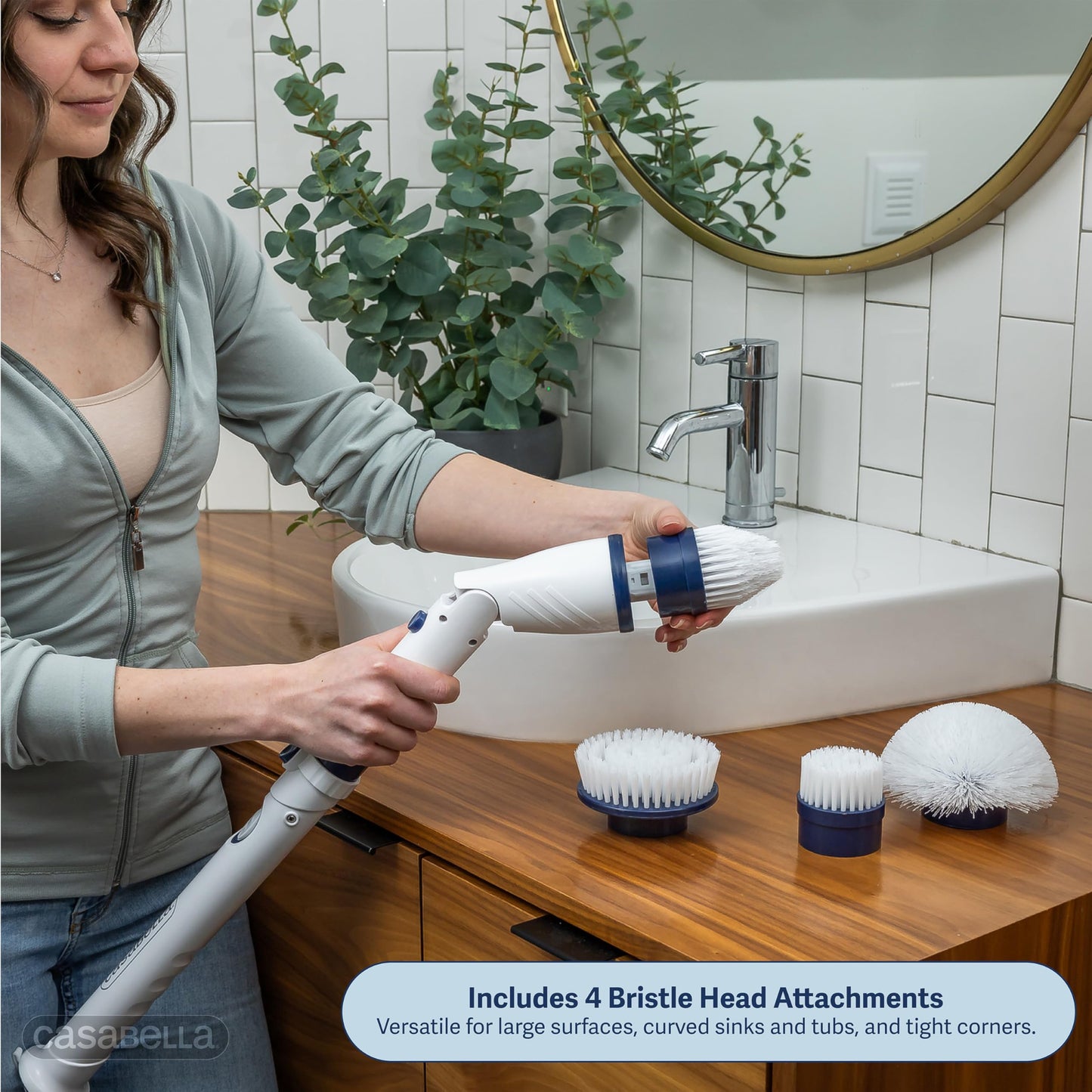 Casabella Power Spin Scrubber, Extendable to 47.5” – Cordless Electric Cleaner for Shower, Kitchen, Bathroom, Tile, Tub, Car, Deck - Rechargeable Spin Brush with Adjustable Brush Head & 4 Attachments