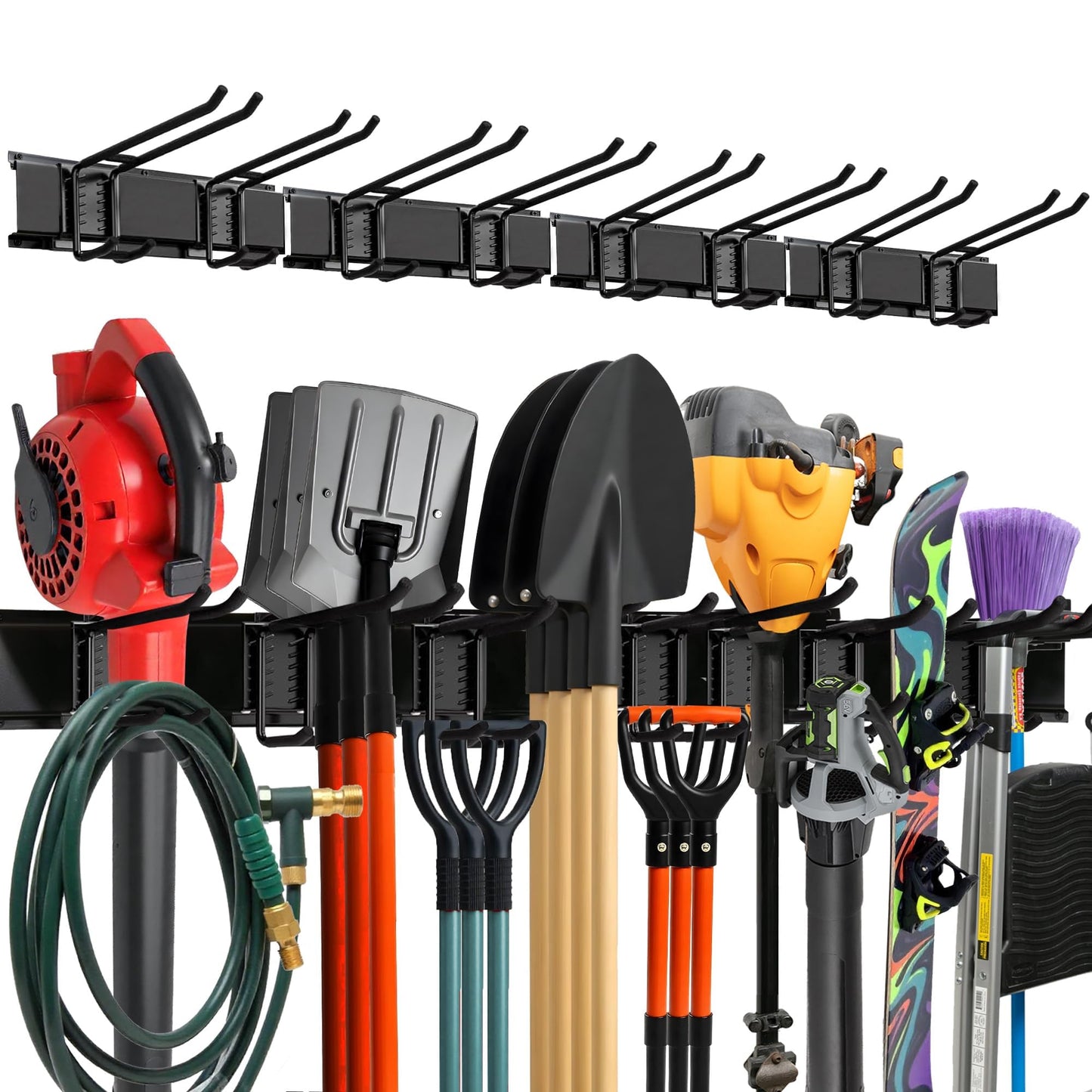 TIDYME Garage Wall Organizer | 64" Heavy-Duty Tool Storage Rack | Adjustable Double-Layer Hooks | 400 lbs Capacity | Carbon Steel Wall Mount Holder for Shovels, Rakes, Ladders & Power Tools