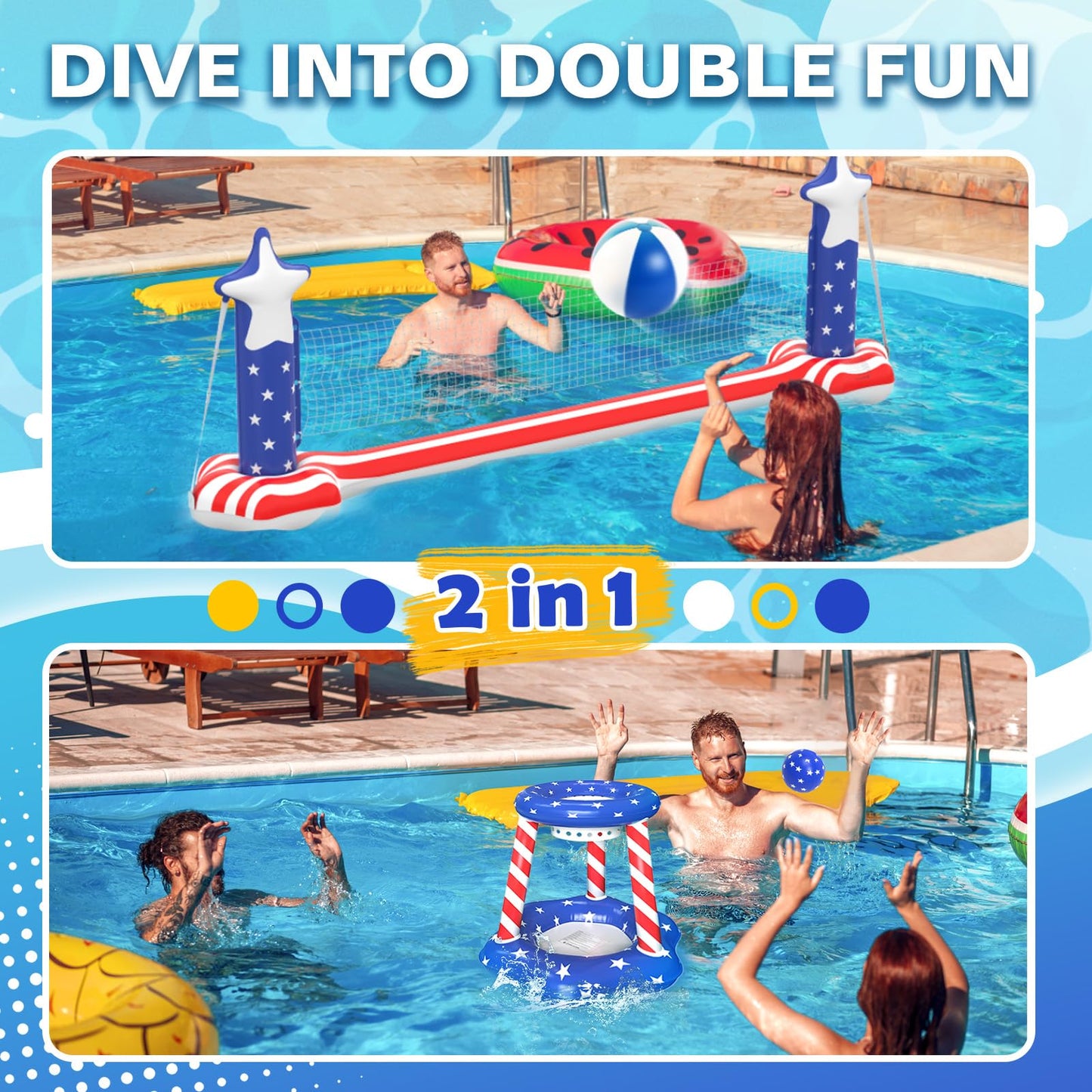 Inflatable Pool Volleyball Net Basketball Hoop 120 Inch Large PVC Pool Volleyball Court Toys Set with 2 Balls and 2 Weight Bags Summer Water Floats
