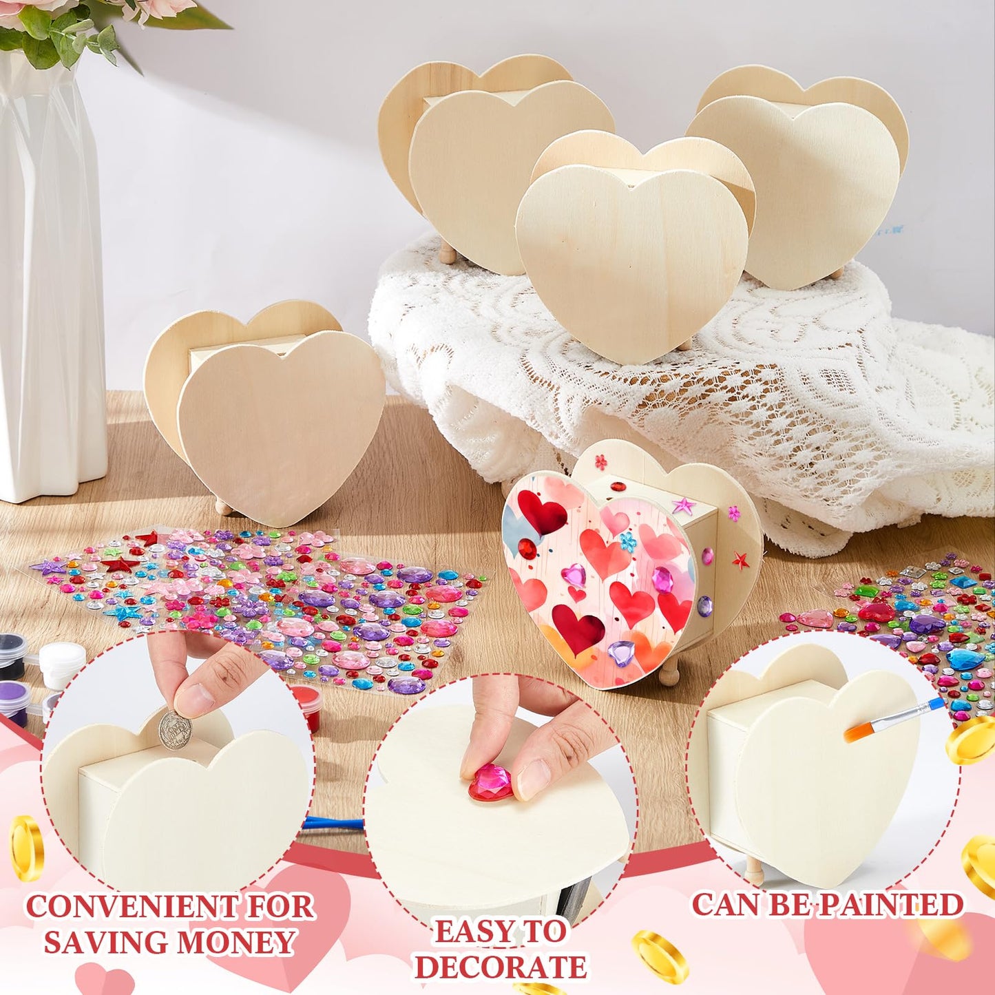 Tioncy 24 Pcs DIY Wooden Piggy Banks Unfinished Heart Shaped Wooden Piggy Coin Banks with 4 Paint Strips 4 Brushes 5 Sheets Gem Stickers Jewels for Crafts Valentine Birthday Activities Gift