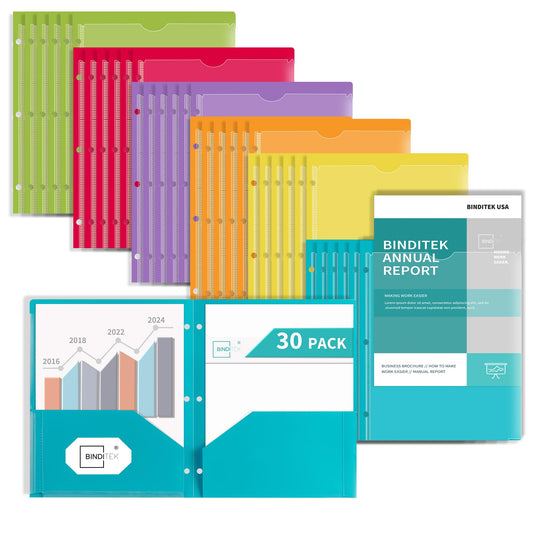 Binditek 30 Pack Heavyduty Plastic Folders with Clear Front Pockets, 2-Pocket Folders with Card Slot, 3 Hole Punched for Letter Size, for 3 Ring Binder, 6 Assorted Colors