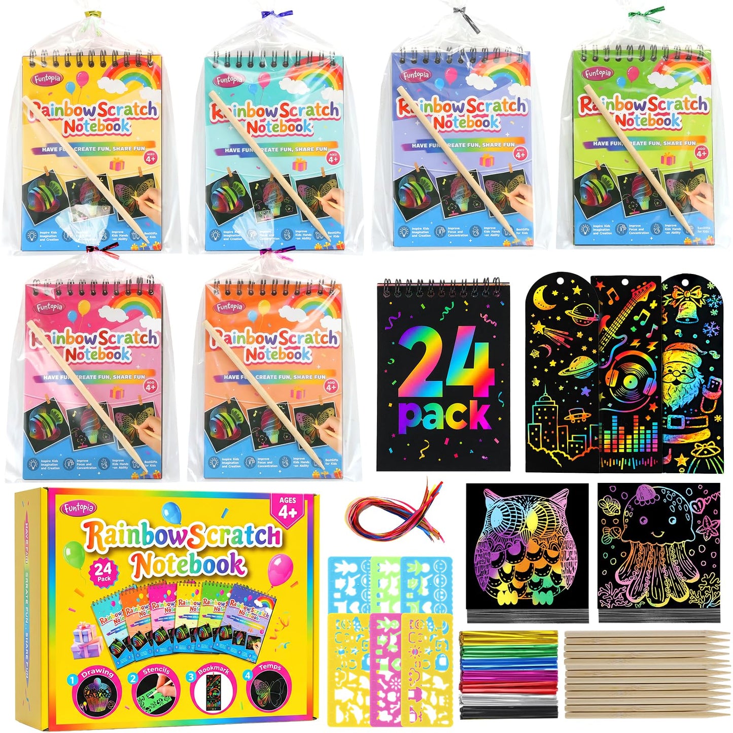 Party Favors for Kids, 24 Pack Scratch Art Rainbow Notebooks, Funtopia Loot Bag Fillers Goodie Bag Stocking Stuffers for Kids 4-8 8-12, Classroom Prizes for Students from Teacher