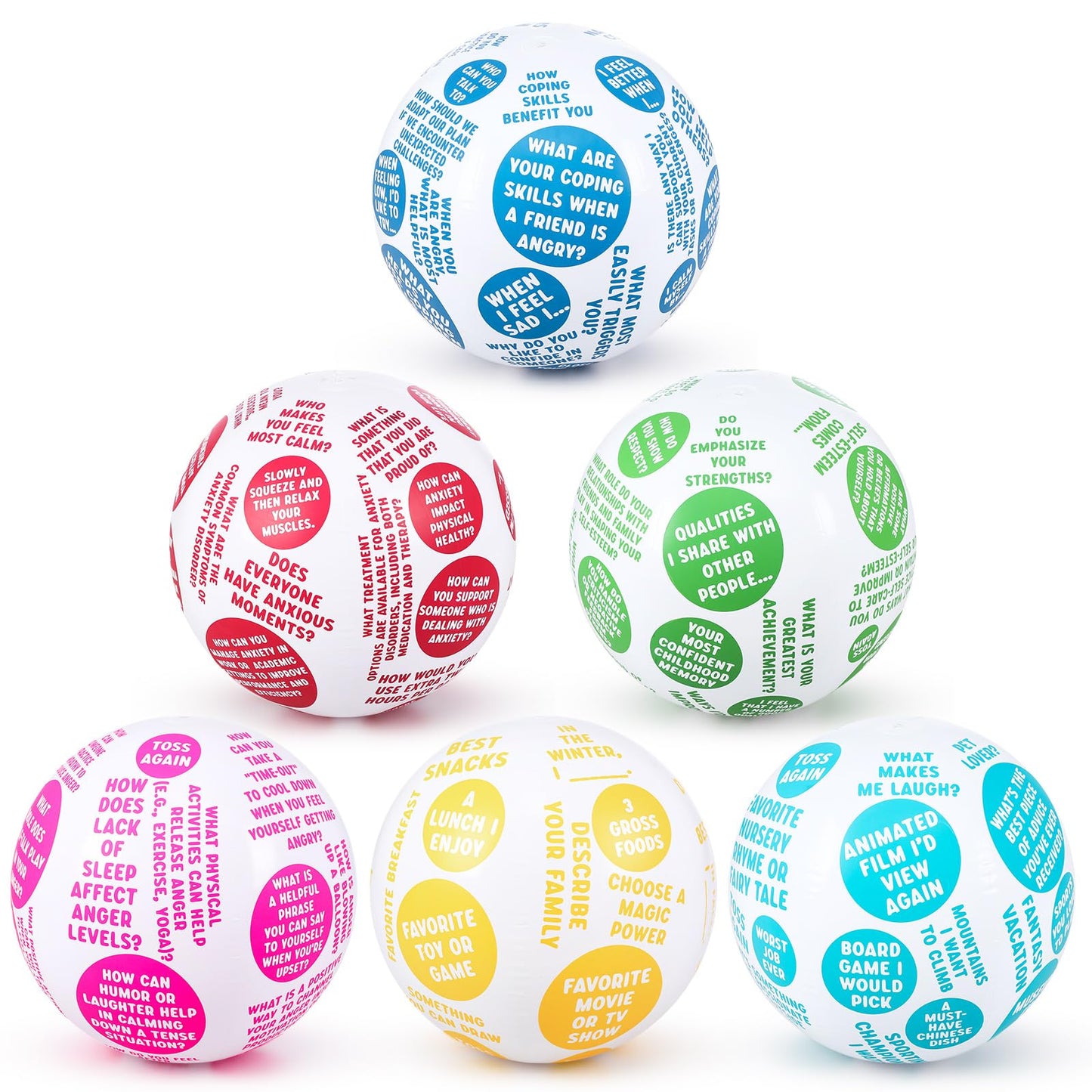 Foilswirl 6 Pcs Coping Skills Balls 24 Inch How to Cope with Anxiety Social Conversation Skill Self Esteem Anger Management for Adult Fun Group Therapy Tool Games Activity
