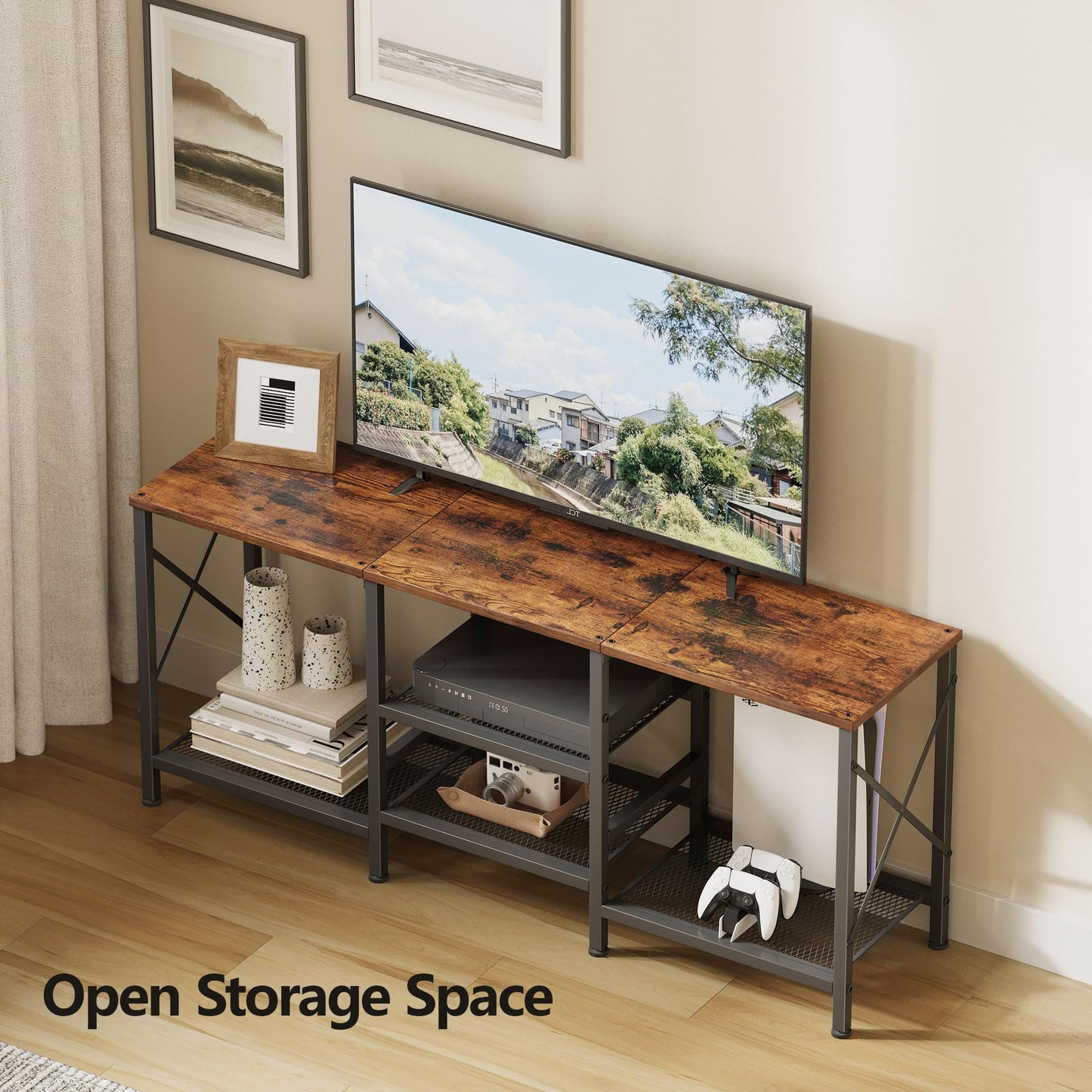 JARHETUN TV Stand for 55 Inch TV, Entertainment Center with 3-Tier Open Shelves, TV Console Table for Living Room, Bedroom, Rustic Brown