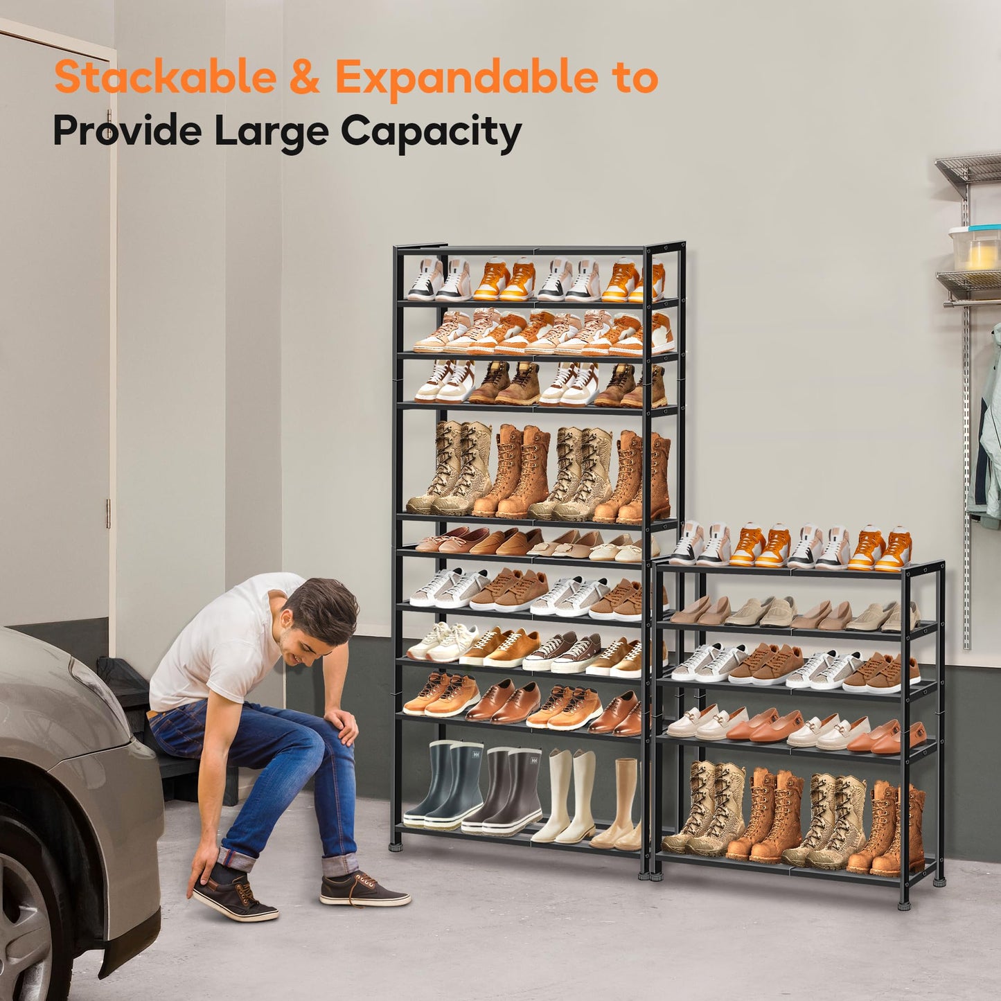 KEETDY 5-Tier Heavy Duty Shoe Rack for Garage Entryway, Stackable Shoe Organizer for 25 Pairs Men Boots, Shoe Rack for Closet Metal Shoe Storage Shelf, Floor, Hallway (Black)