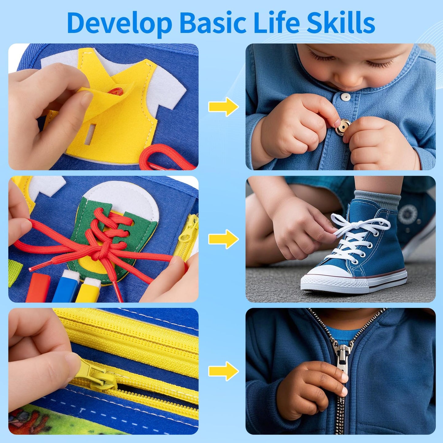 Toddler Busy Board Montessori Toys, 12-Page Busy Book, Quiet Educational Activity Book, Learning Sensory Toys for Motor Skills, Travel Toy for Car Airplane, Birthday Gifts for Boy Girl Kids (Blue)