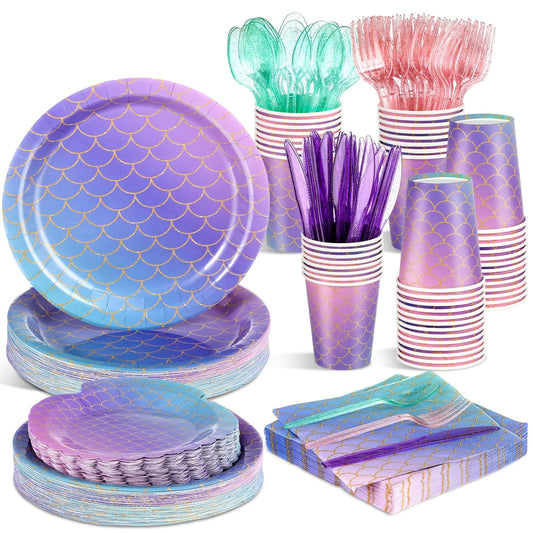 Blushtier 350 Pcs Mermaid Party Supplies Mermaids Themed Decorations Under the Sea Disposable Dinnerware Set Includes Plates Napkins Cups Spoons Fork Knives for Birthday Party (Multicolor)