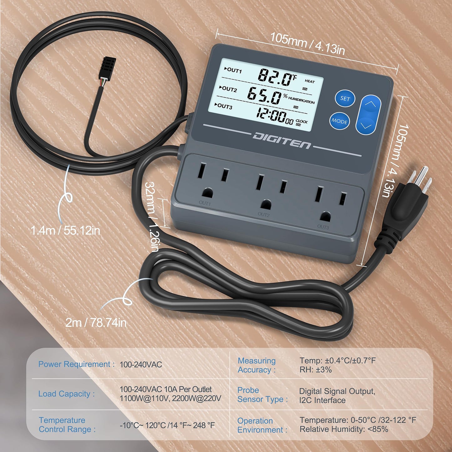 DIGITEN Reptile Temperature and Humidity Controller with Timer, Day-Night Function Thermostat, 3-Stage Outlet Plug in Temperature Controller for Reptile, Mushroom, Homebrew