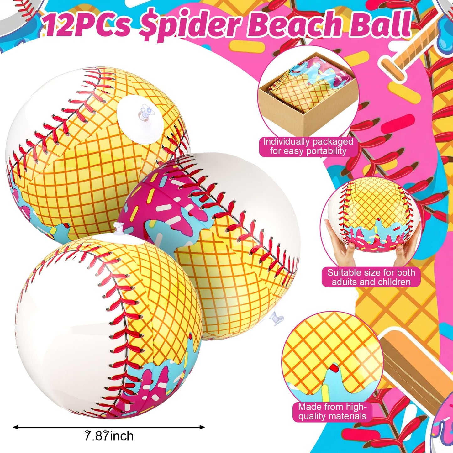 Civaner 12 Pcs Ice Cream Drip Baseball Themed Beach Ball 7.87" Bulk Summer Pool and Beach Game Gifts for Summer Ice Cream Baseball Party