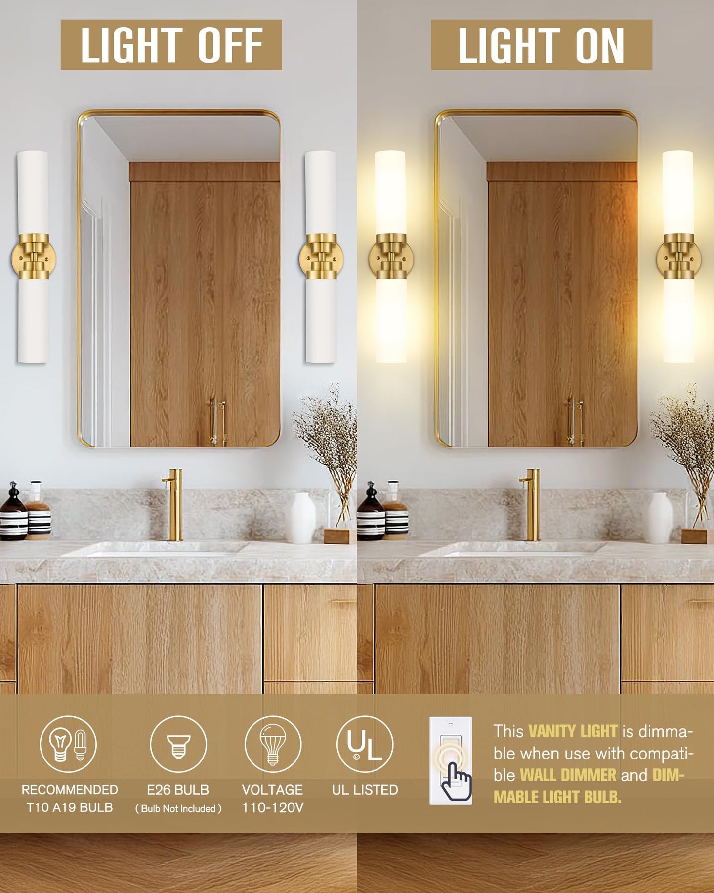 Emak Modern 22 Inch Bathroom Light Fixtures Over Mirror, Brushed Gold Vanity Light Bar with Milk Glass Shade, 2-Light Bathroom Wall Sconce, VL085-BGD-ML-2