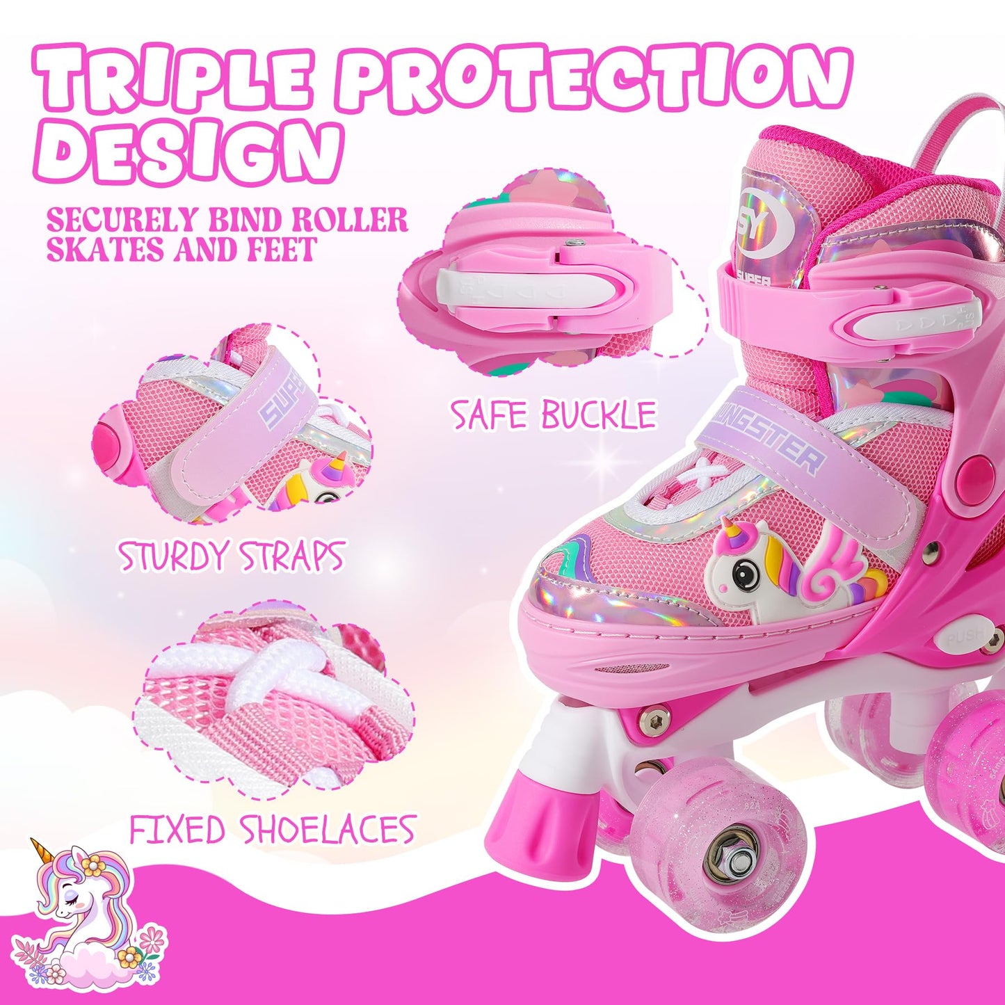 SUPER YOUNGSTER Adjustable Light Up Kids Unicorn Roller Skates for Girls Ages 4-6 5-8 8-12，Toddlers Beginner Cat Roller Skates