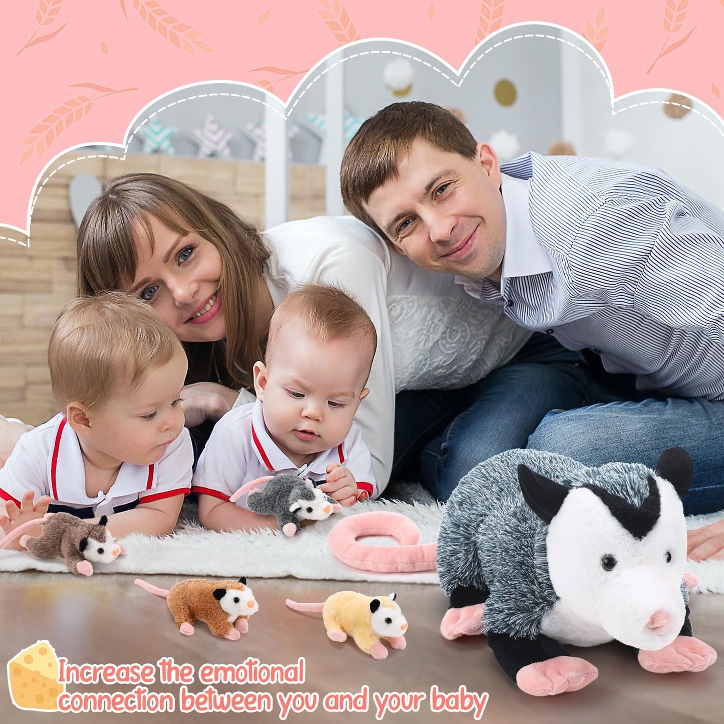 Hollowfly 5 Pcs Stuffed Opossum Mommy Possum Plush with 4 Baby Opossums Stuffed Toy on Her Back, Magnetic Attraction Cotton Plush Animal Toy Gift for Boys Girls Possum Lover(Classic)