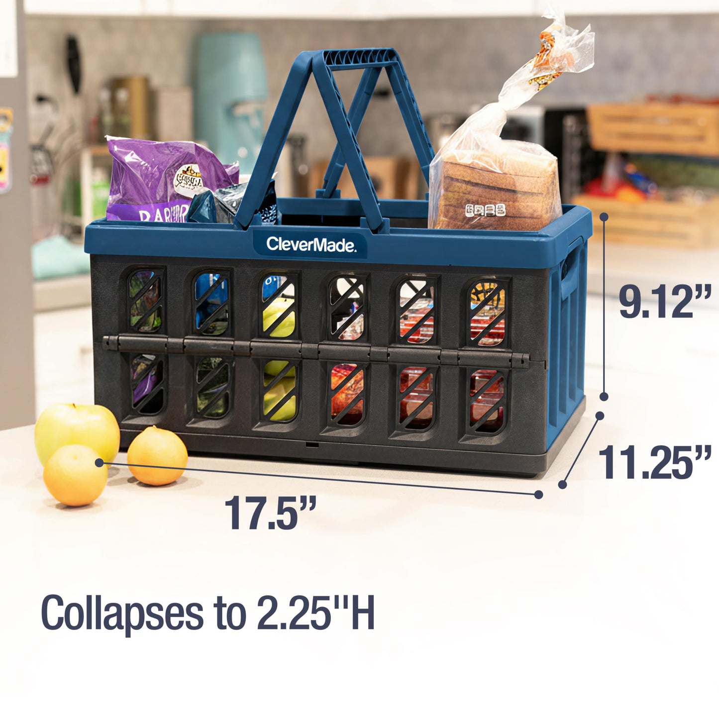 CleverMade Collapsible Shopping Basket, Ocean, 3PK - 24L (6 Gal) Reusable Plastic Grocery Shopping Baskets, Holds 25lbs Per Basket - Small Foldable Storage Crates with Handles