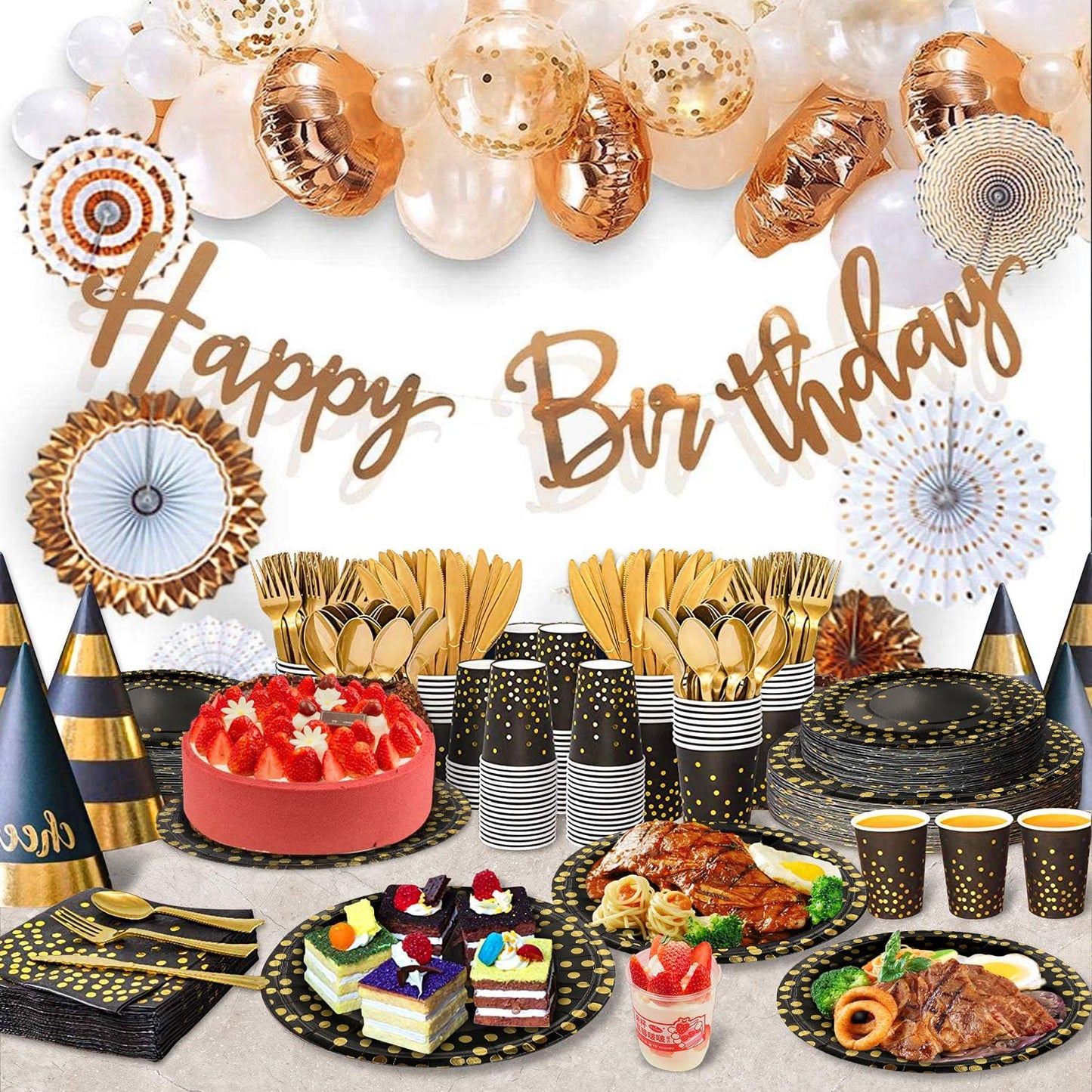 350PCS Black and Gold Party Supplies, Severs 50 Disposable Party Dinnerware, Gold Plastic Forks Knives Spoons and Golden Dot Paper Plates Black Napkins Cups for New Years Graduation Birthday Wedding