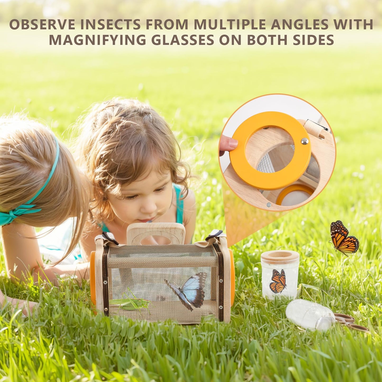 Macabaka Wooden Bug Catcher for Kids, 8-in-1 Insect Exploration Set with Butterfly Net, Magnifying Glass, Bug Habitat, Tweezers, Compass,Outside Toys for Toddlers