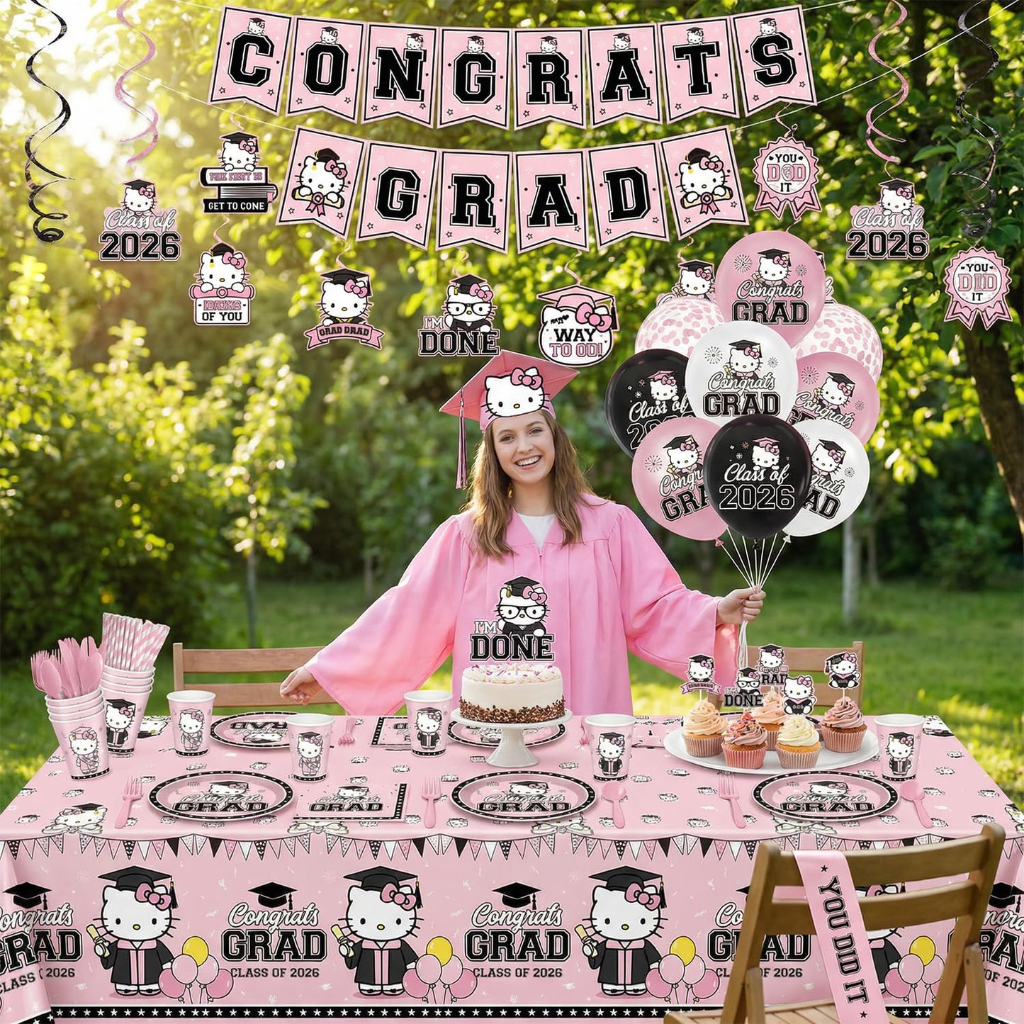 Pink Graduation Decorations, 249Pcs Graduation Party Tableware Supplies with Disposable Plates Napkins Cups Tablecloth and Congrats Grad Banner for Class of 2026 Party Decorations, Serves 24