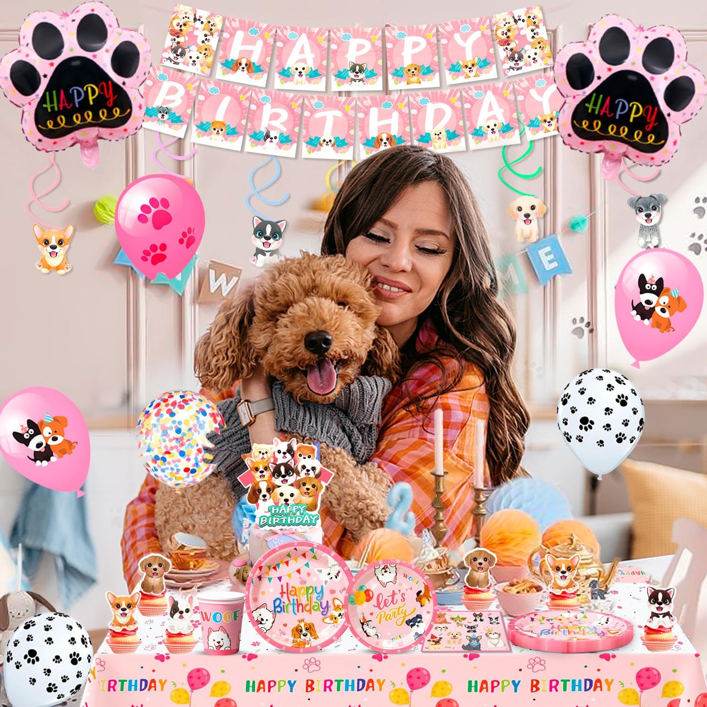 Pink Puppy Birthday Decorations Tableware for 16 Guests, Pink Puppy Plates Cups Napkins Dog Party Banner Balloons Cupcake Toppers etc Dog Birthday Party Supplies