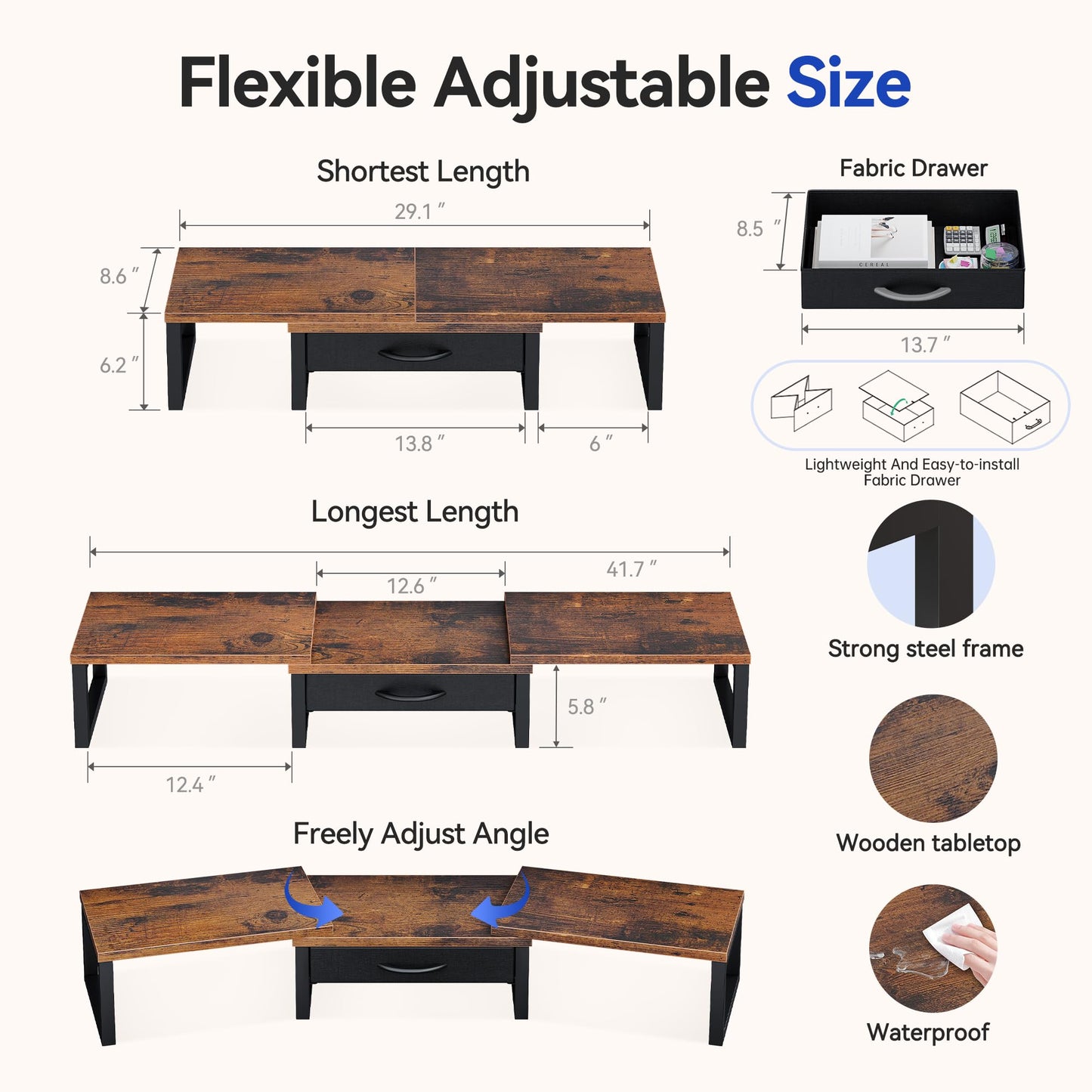 HEWORLIF Desk Organizers and Accessories, Dual Monitor Stand Riser with Drawer, Computer Monitor Stand, Adjustable Desk Shelf for PC Laptop Printer TV, Brown