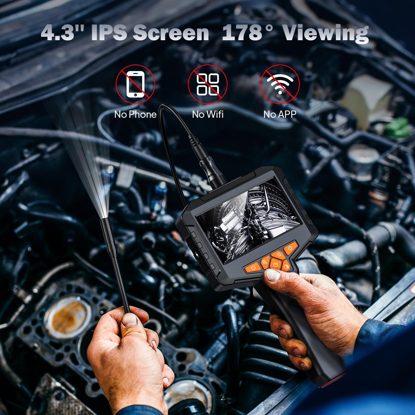 50FT Endoscope Camera with Light, Ginocaco 4.3'' HD 1080P Borescope Inspection Camera with 8 Adjust LED Lights, Semi-Rigid Cable, IP67 Waterproof Scope for HVAC Tool, Gadget Gift for Men