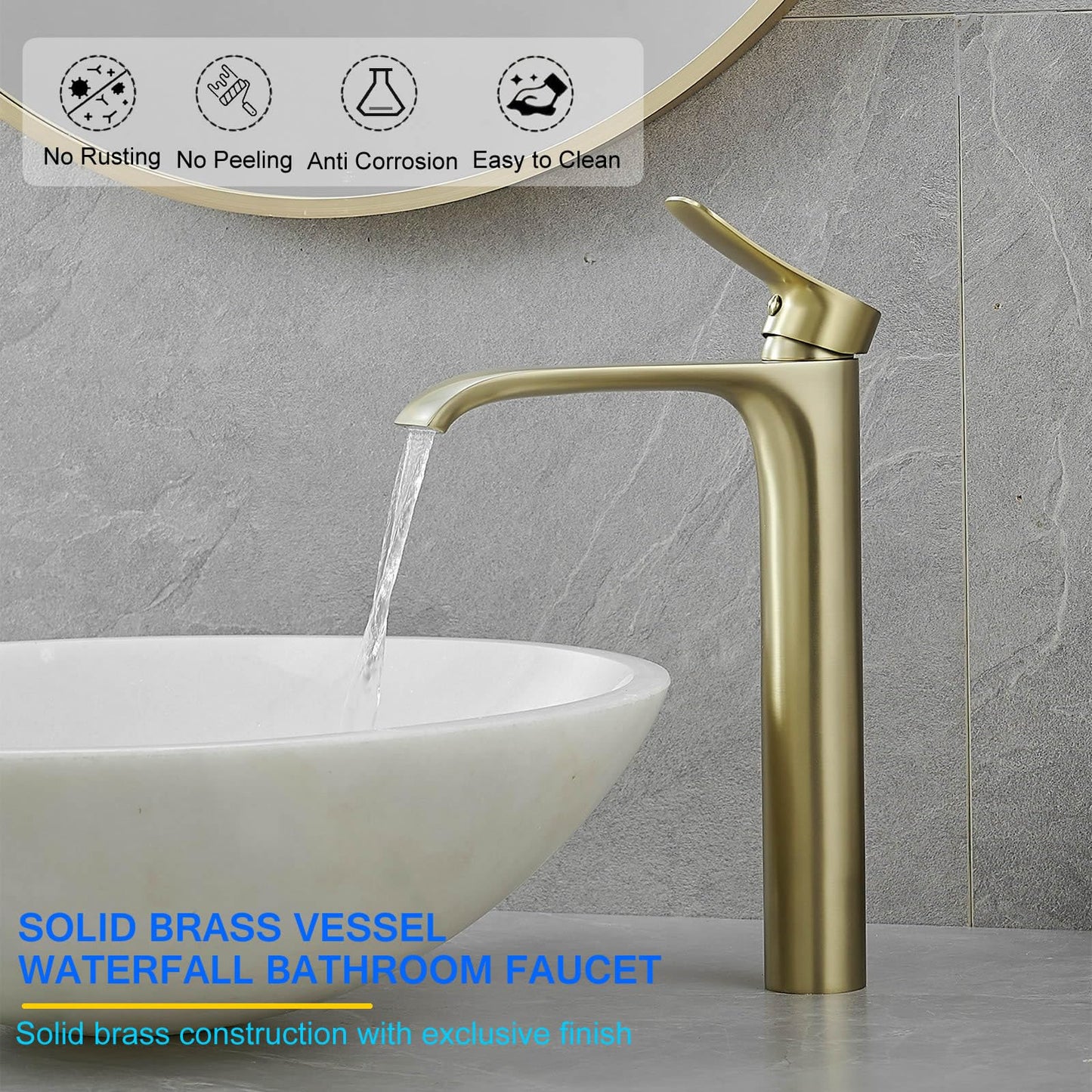 Tall Vessel Sink Faucet Bathroom Waterfall Faucet Brushed Gold Finished Single Handle Matte Black Vanity Bathroom Faucet Basin Mixer Tap with Water Supply Hose and Pop Up Sink Drain