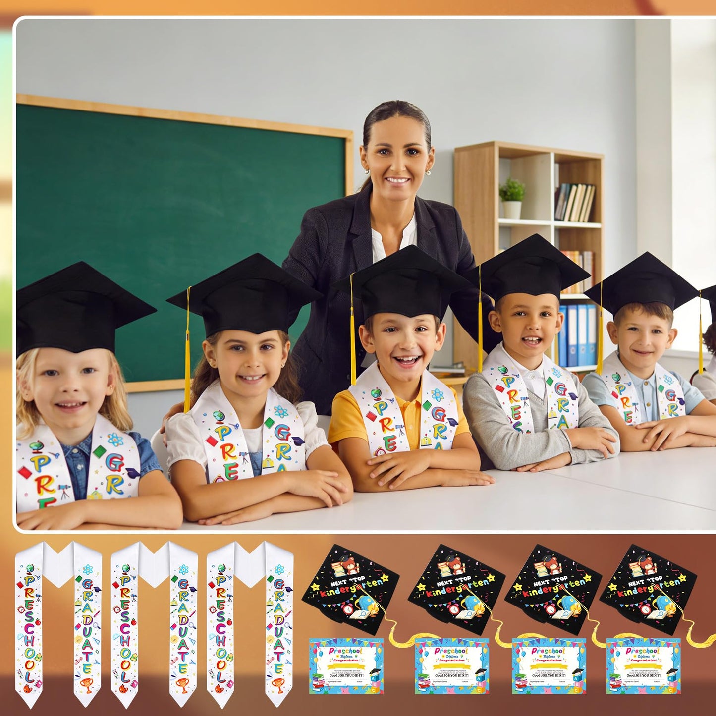 Knitgrip 36 Pcs Kindergarten Preschool Graduation Stole Caps and Diplomas Set Graduation Cap with Tassel Graduate Sash and Diploma Unisex for Kids Boys Girls (Preschool)