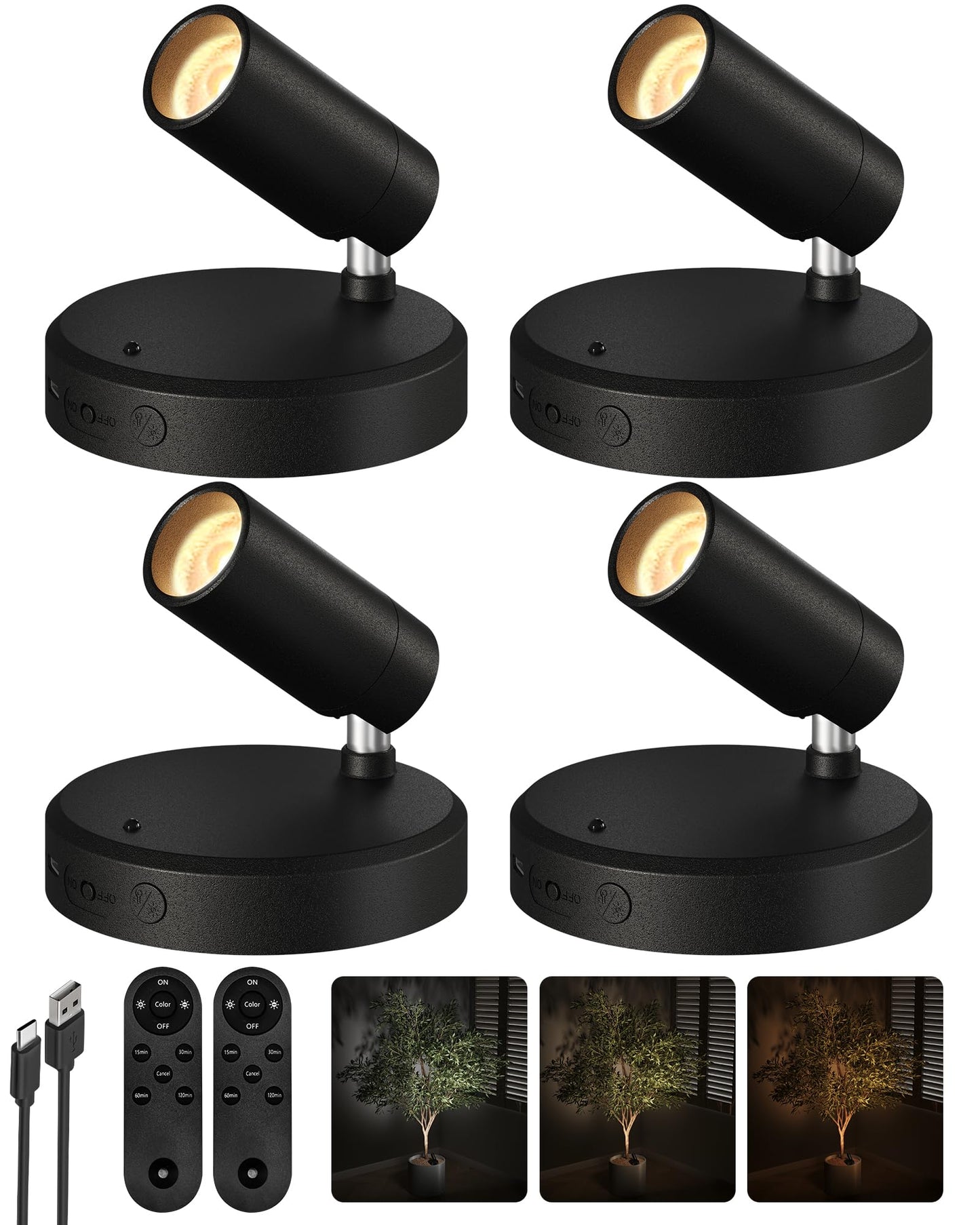 EZVALO Spotlights Indoor with Remote, 5500mAh Rechargeable Picture Lights, Wireless LED Uplighting with Timer & Dimmable, 3-CCT, Mini Plant Spot Lights for Painting, Artwork (4-Pack-Black)
