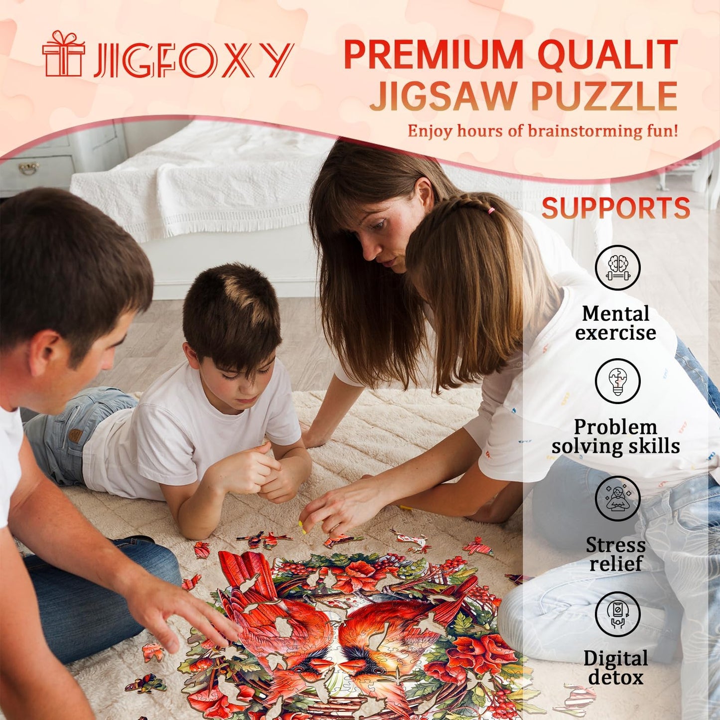 Jigfoxy Wooden Puzzles for Adults, Cardinal Wood Puzzles Adult, Unique Animal Shape Wooden Jigsaw Puzzles for Adults, Birthday Gifts for Puzzle Lovers, Family, Friend (L-13.3 * 13.3in-300 pcs)