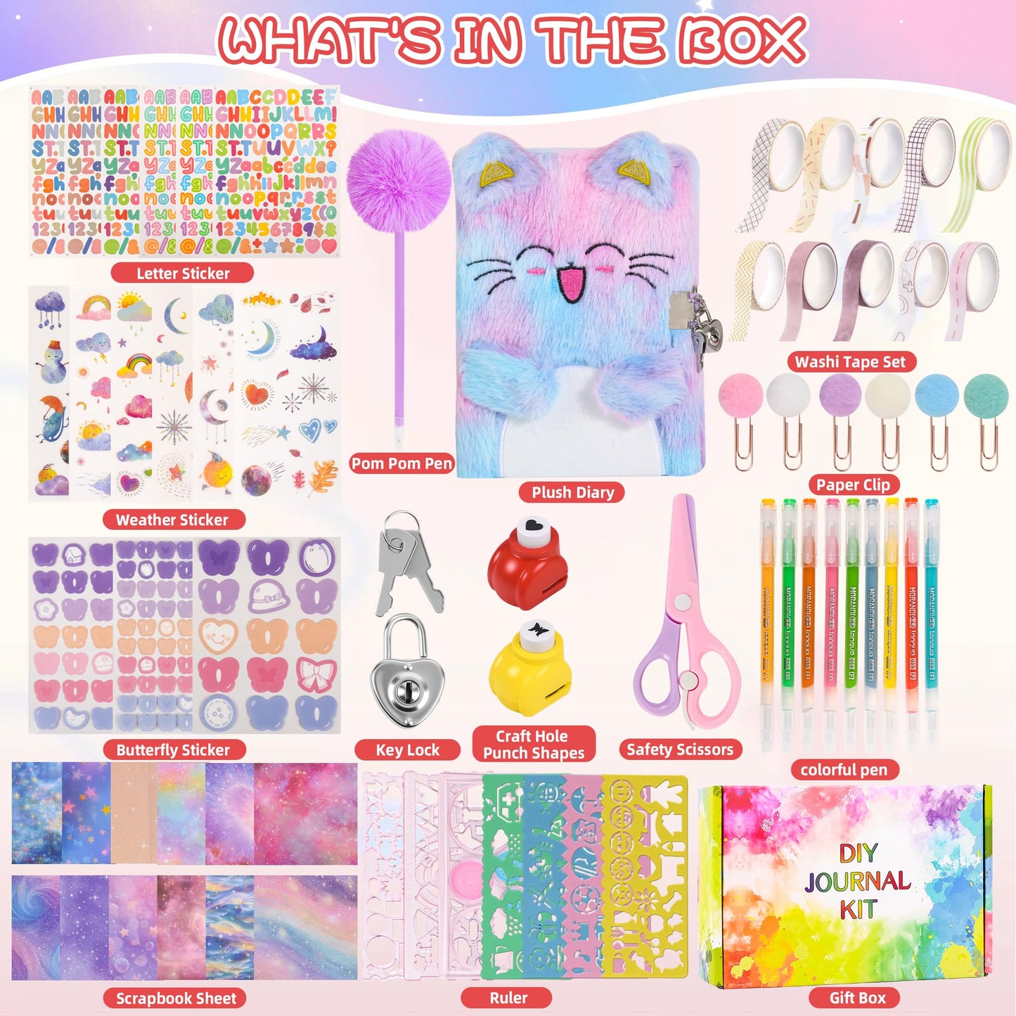 LiYiQ Plush Axolotl Diary Gift for Girls Kids Travel Journal Secret Diary with Scrapbook Paper Stickers Journal Stencils Pompom Pen and Washi Tape Practical Set Gift for Birthday Christma (Cat)