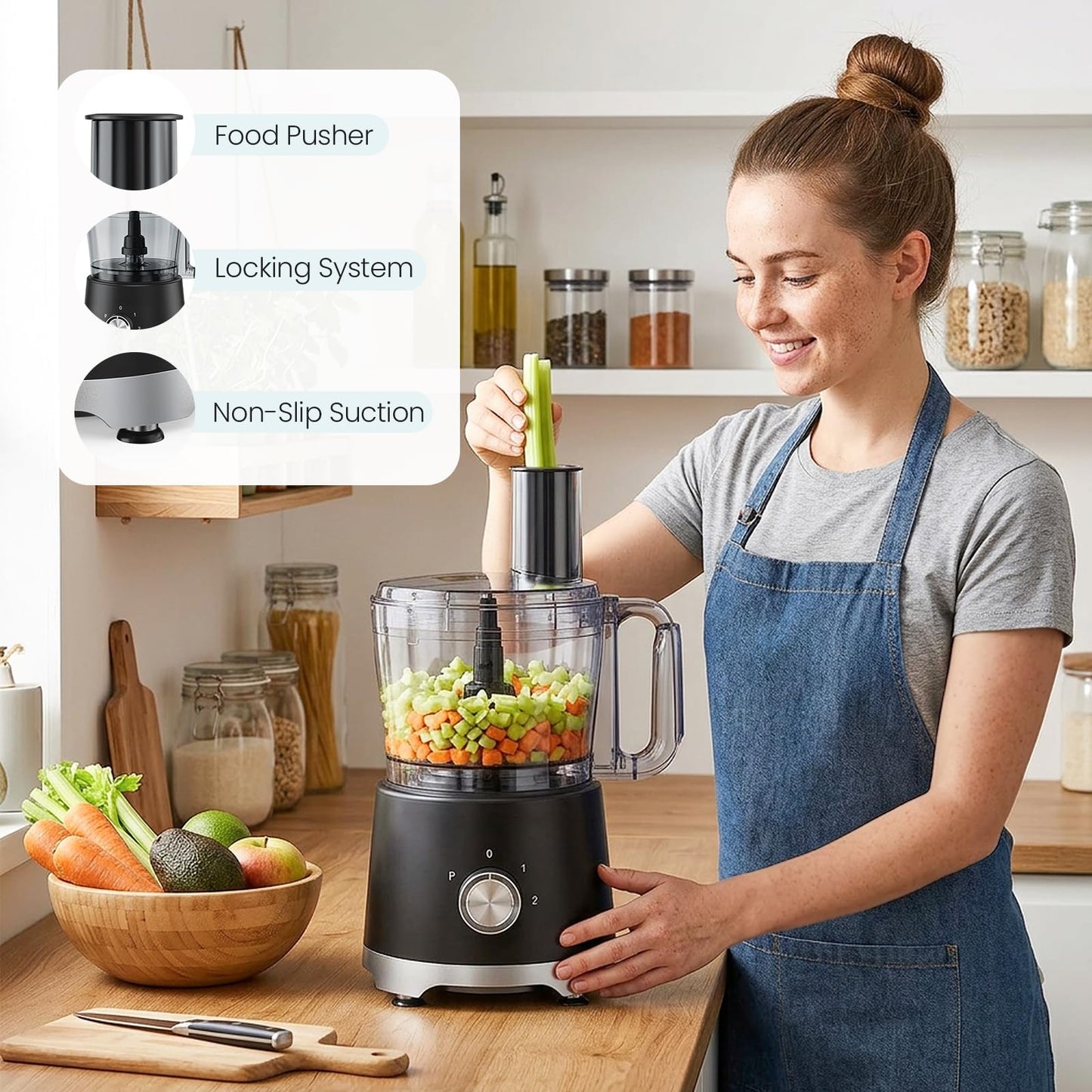 OLIXIS Food Processor 10.5 Cups, 600W Powerful Food processors with 5 Blades, Dishwasher Safe Meat Grinder for Slicing, Shredding, Chopping, Kneading, for Meat, Vegetables, Fruit, Dough