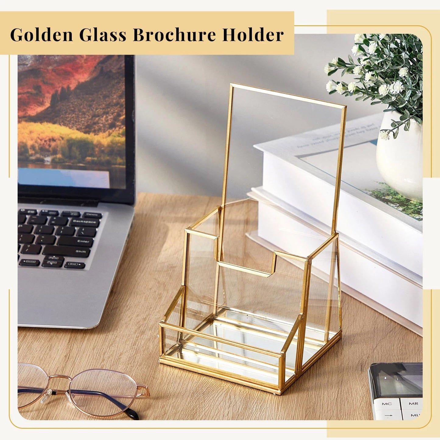 Fuyoooo 2 Pcs 4 Inches Gold Glass Brochure Holder Countertop Literature Trifold Pamphlet Stand with Business Name Card Holder Flyer Brochure Display for Magazine, Booklets, Menu, Journals Display