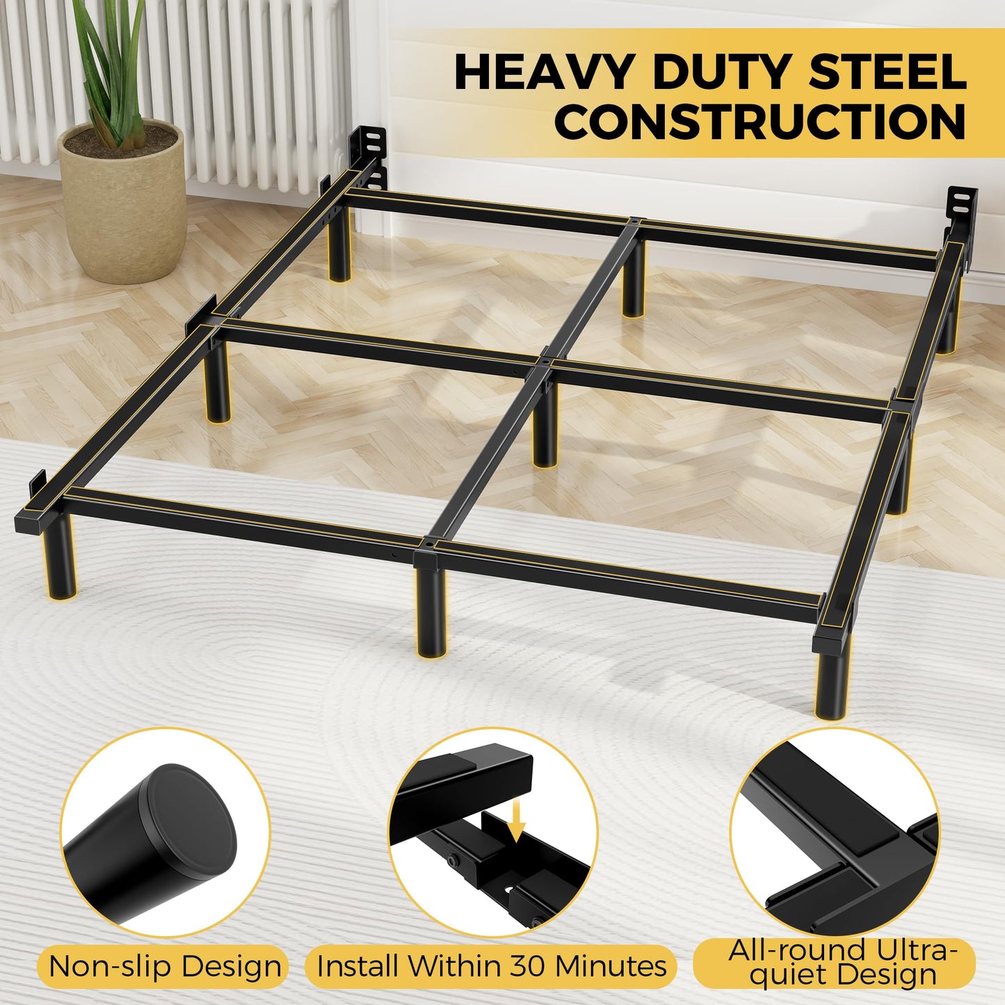 Awesofurni Queen Bed Frame, 7 Inch Basics Metal Bed Frame, Heavy Duty 9-Leg Base for Box Spring and Mattress, Noise-Free, Easy Assembly, Black