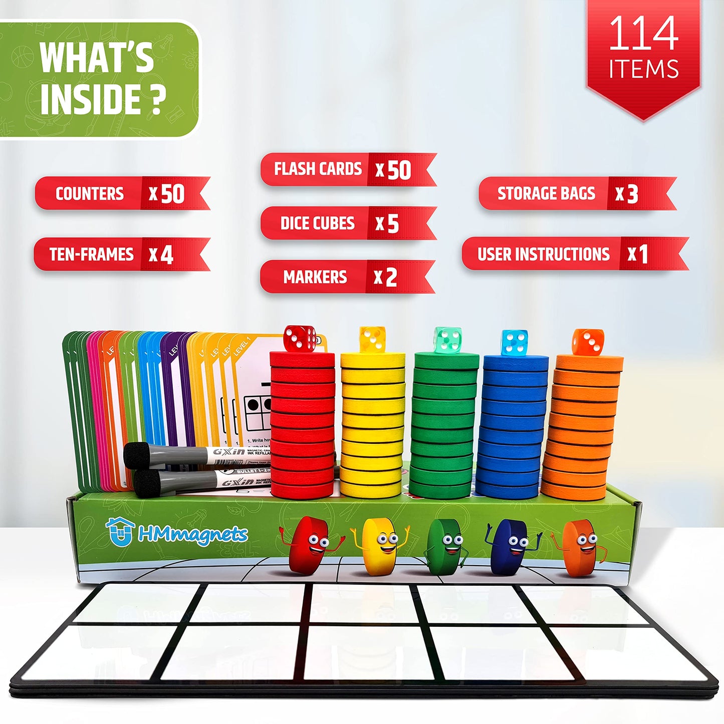 Magnetic Ten Frame Set: 4 Durable Ten-Frames + 50 Colorful Counters + 50 Math Flash Cards + 5 Dice - Addition & Subtraction - Math Manipulatives Kit for Home, Kindergarten & Elementary Teachers